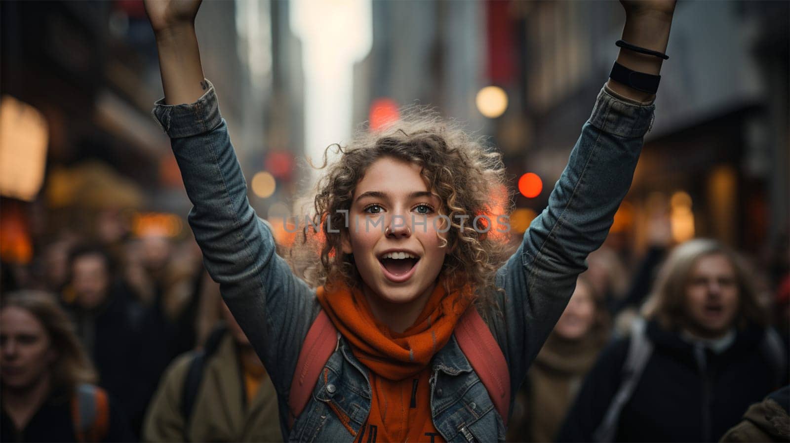 young cheerful student at a demonstration on a city street .