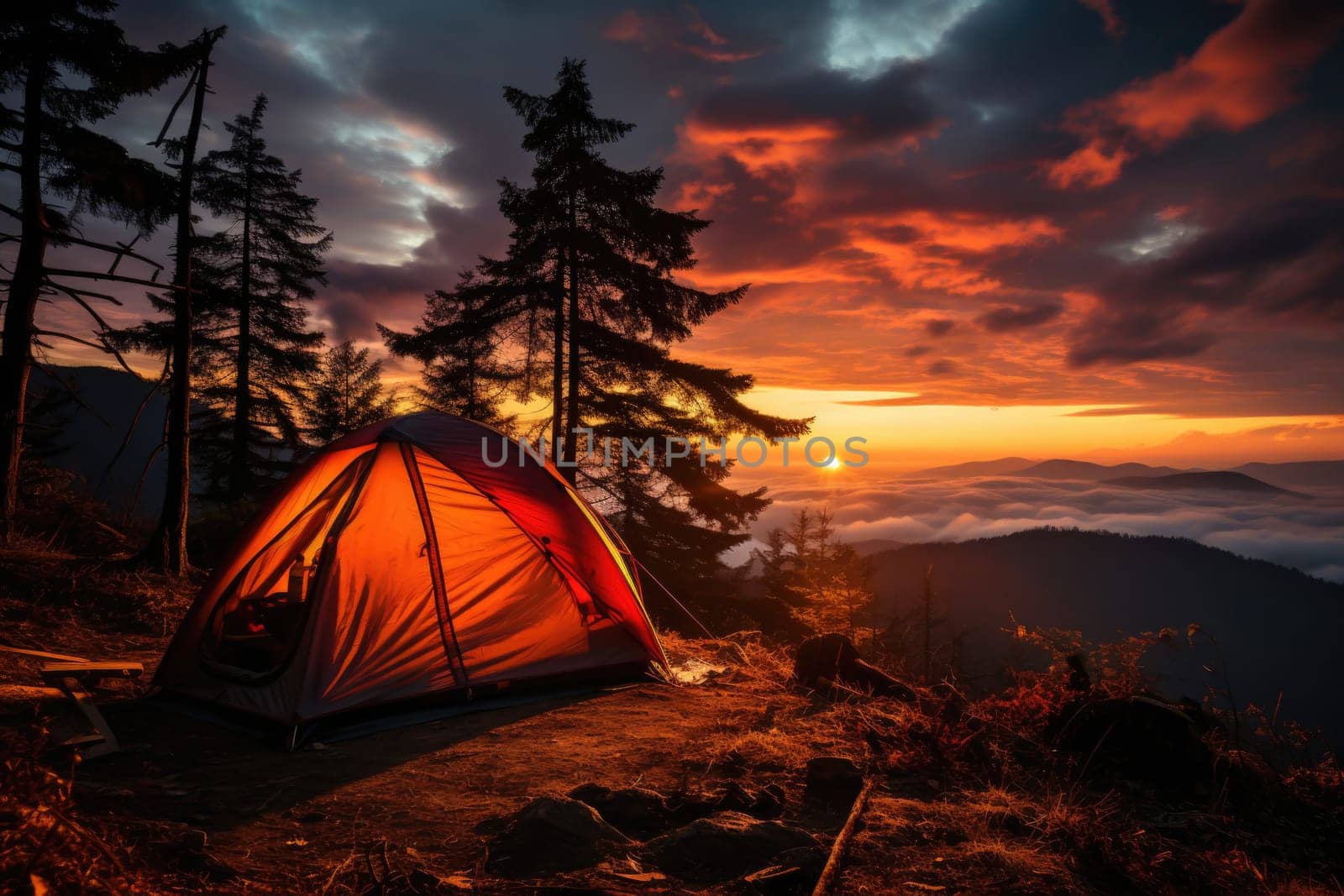 Tourist tent in the mountains under dramatic evening sky. Colorfull sunset in mountains. Camping travell concept. Traveler people enjoying the advanture alternative vacation