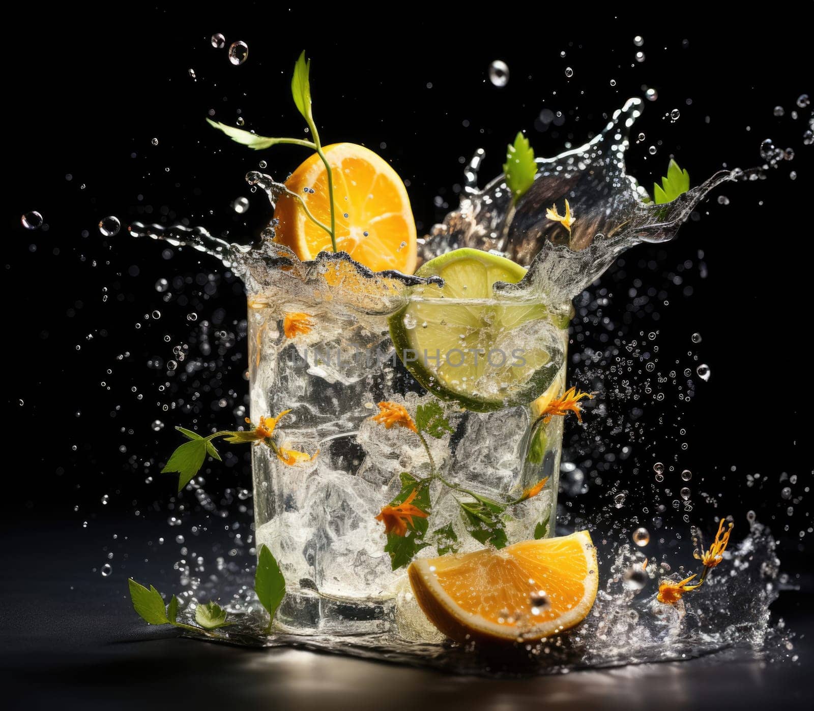 Cut transparent glass with crystal falling water, mint and lemon on a black background.