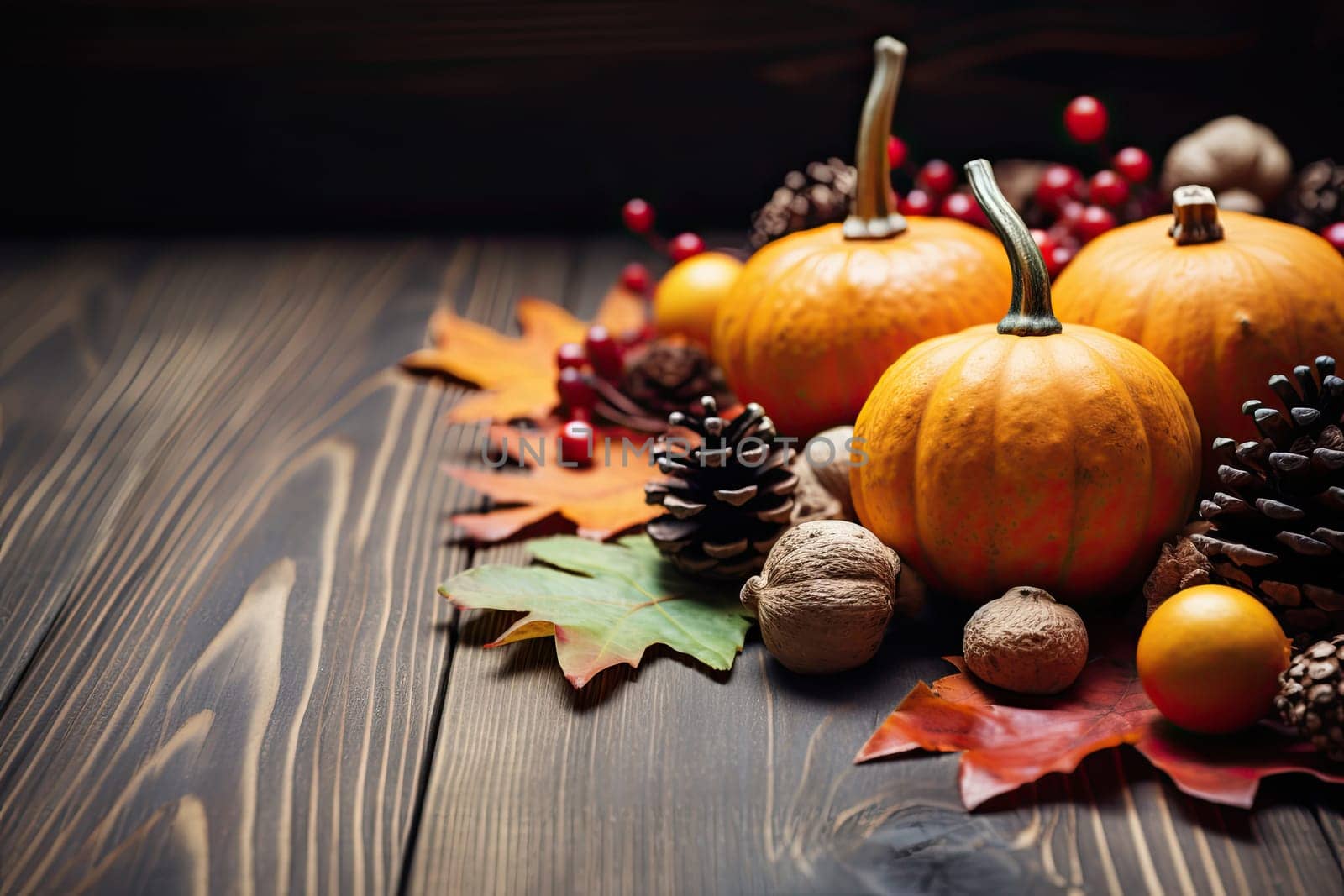 Autumn background from fallen leaves and fruits with vintage place setting on old wooden table. Thanksgiving day concept.