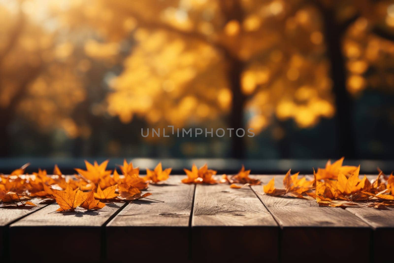 Autumn background, close up of old empty wooden table over the lake with copy space.