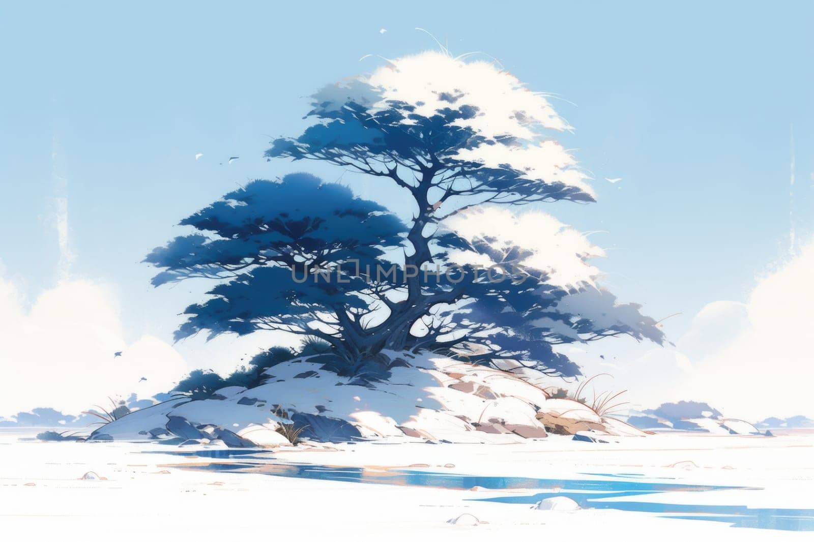 A panoramic view of the covered with frost trees in the snowdrifts. Magical winter forest. Natural landscape with beautiful sky. The revival of the planet.