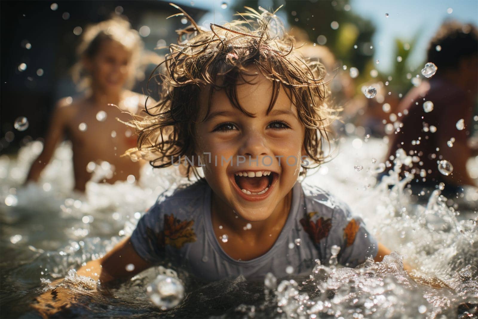 happy baby having fun in the water. on a bright sunny day, children escape the heat in the pool