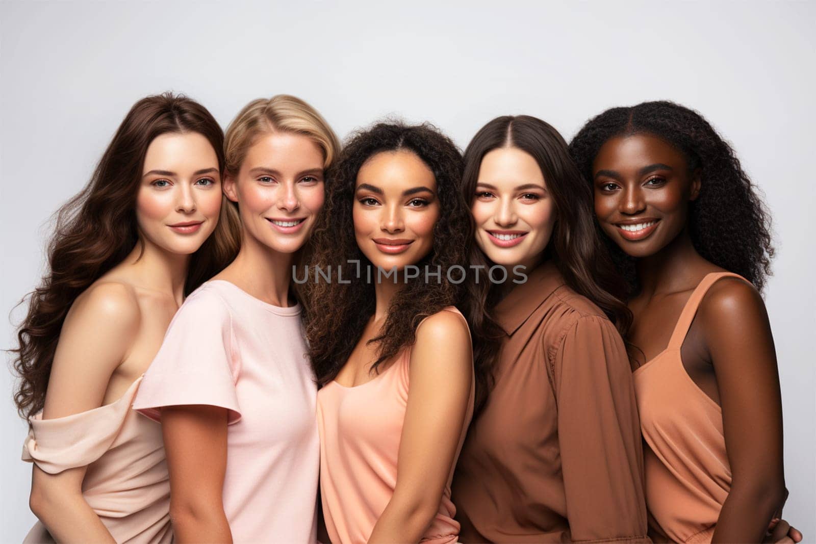 young attractive women of different races having fun posing together on a light background, lifestyle concept of people of different nationalities.