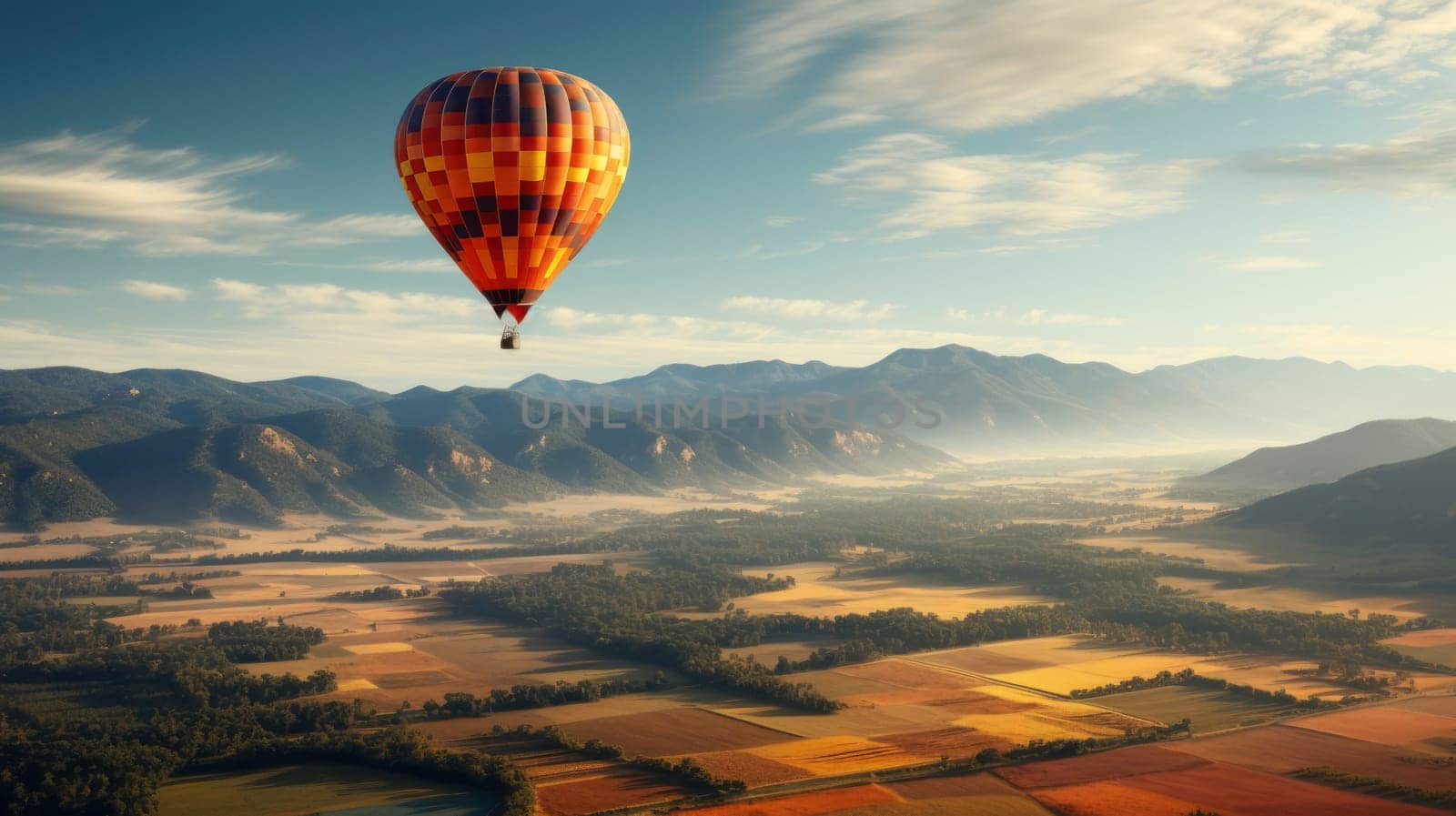 color hot air balloon over a beautiful valley and farm landscape with blue sky and white clouds background.