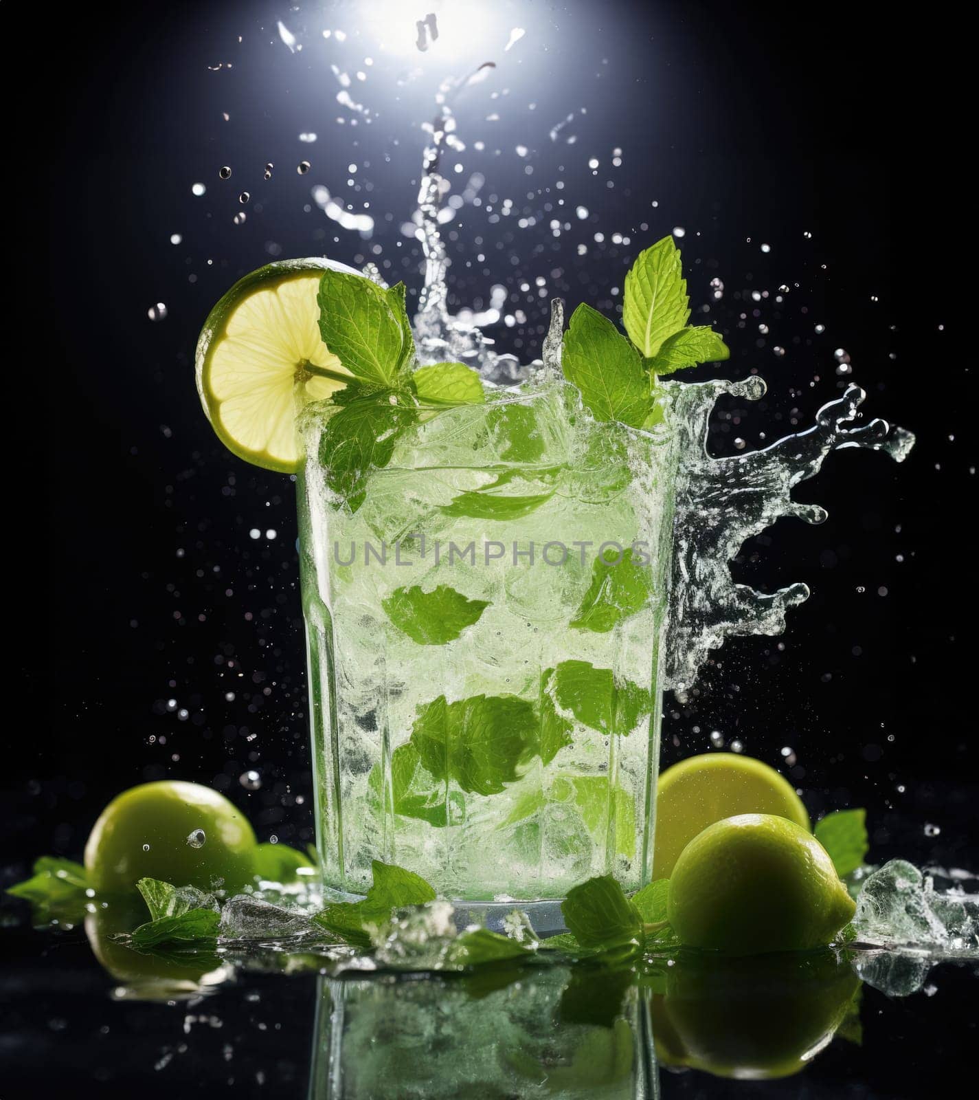 Cut transparent glass with crystal falling water, mint and lemon on a black background.