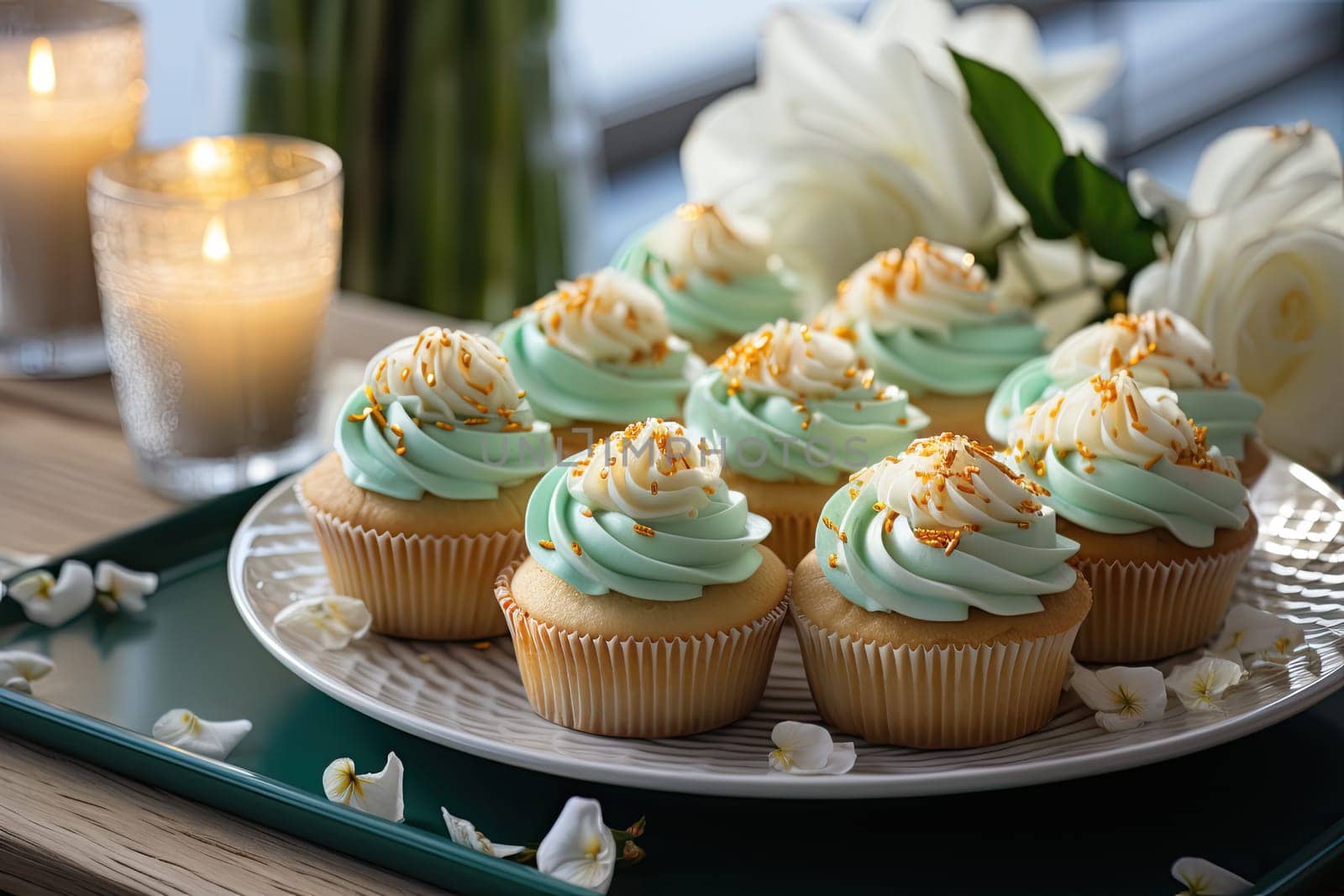 Colorful cupcakes on a wooden background. party background.
