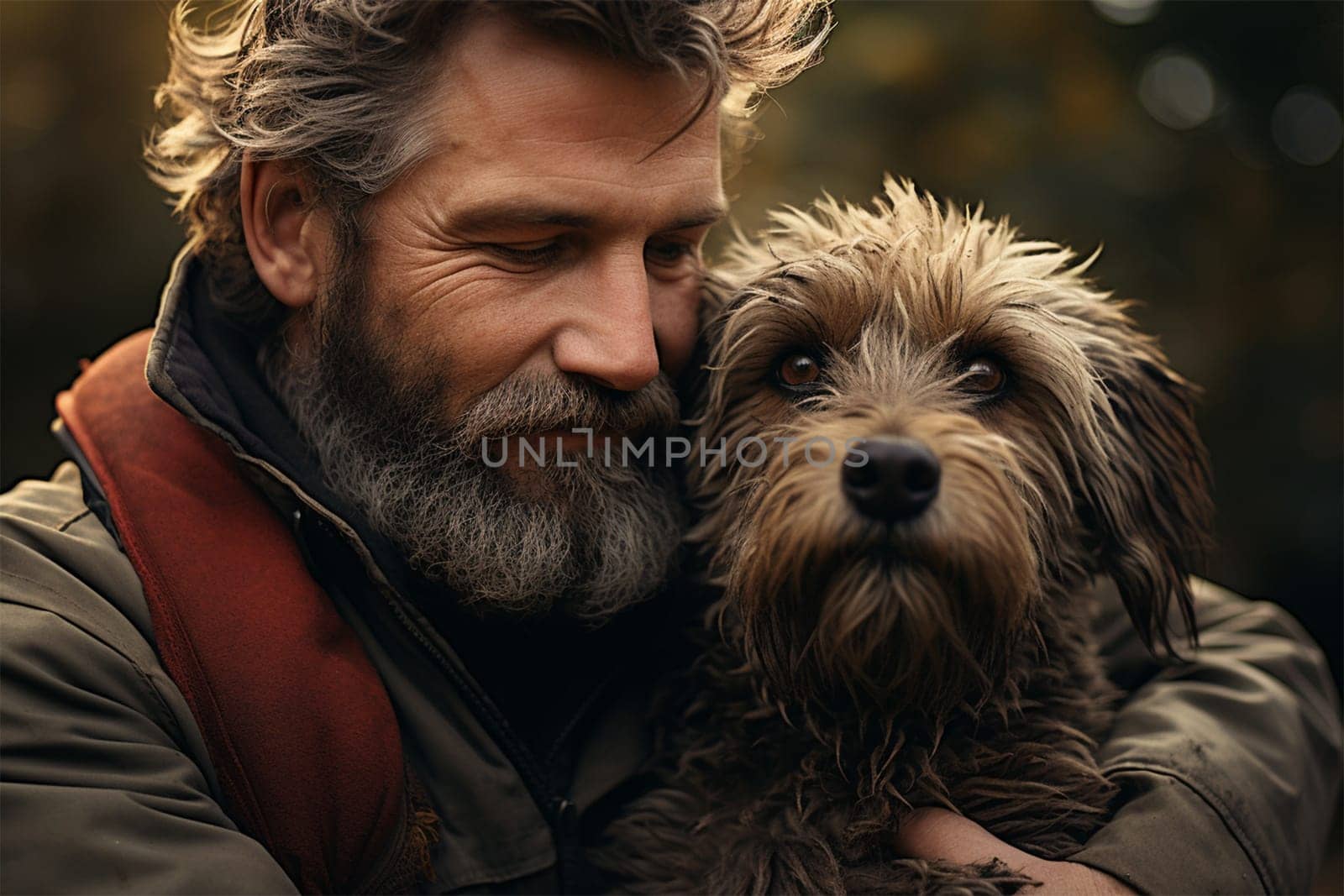 Portrait of a young man hugging his dog. Man and pet.