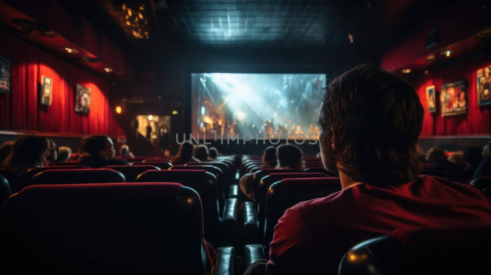 film on screen old retro cinema with red velvet walls and seats. mystical atmosphere.