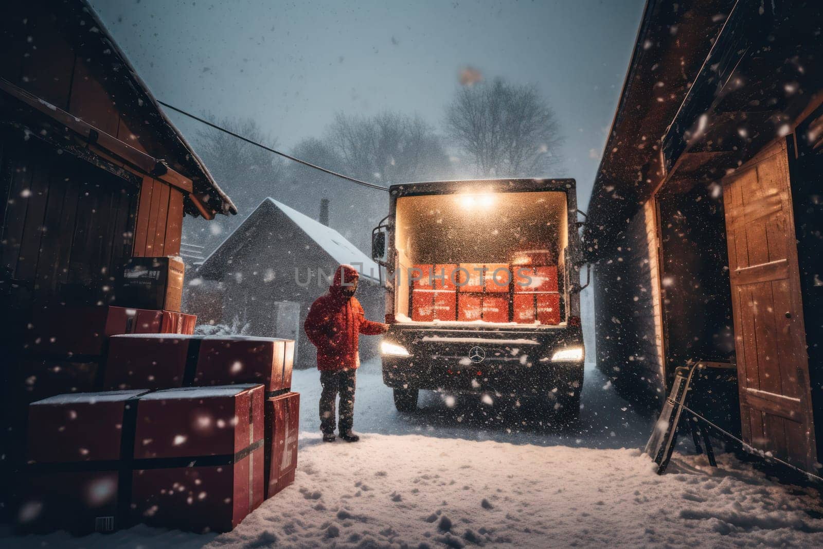 truck loaded with Christmas gifts. Christmas eve and gift delivery.