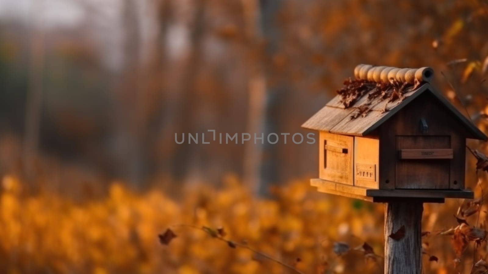 Birdhouse on a stand in the park, autumn season. Birdhouse on the edge of the park, branches with yellow autumn foliage in the background.