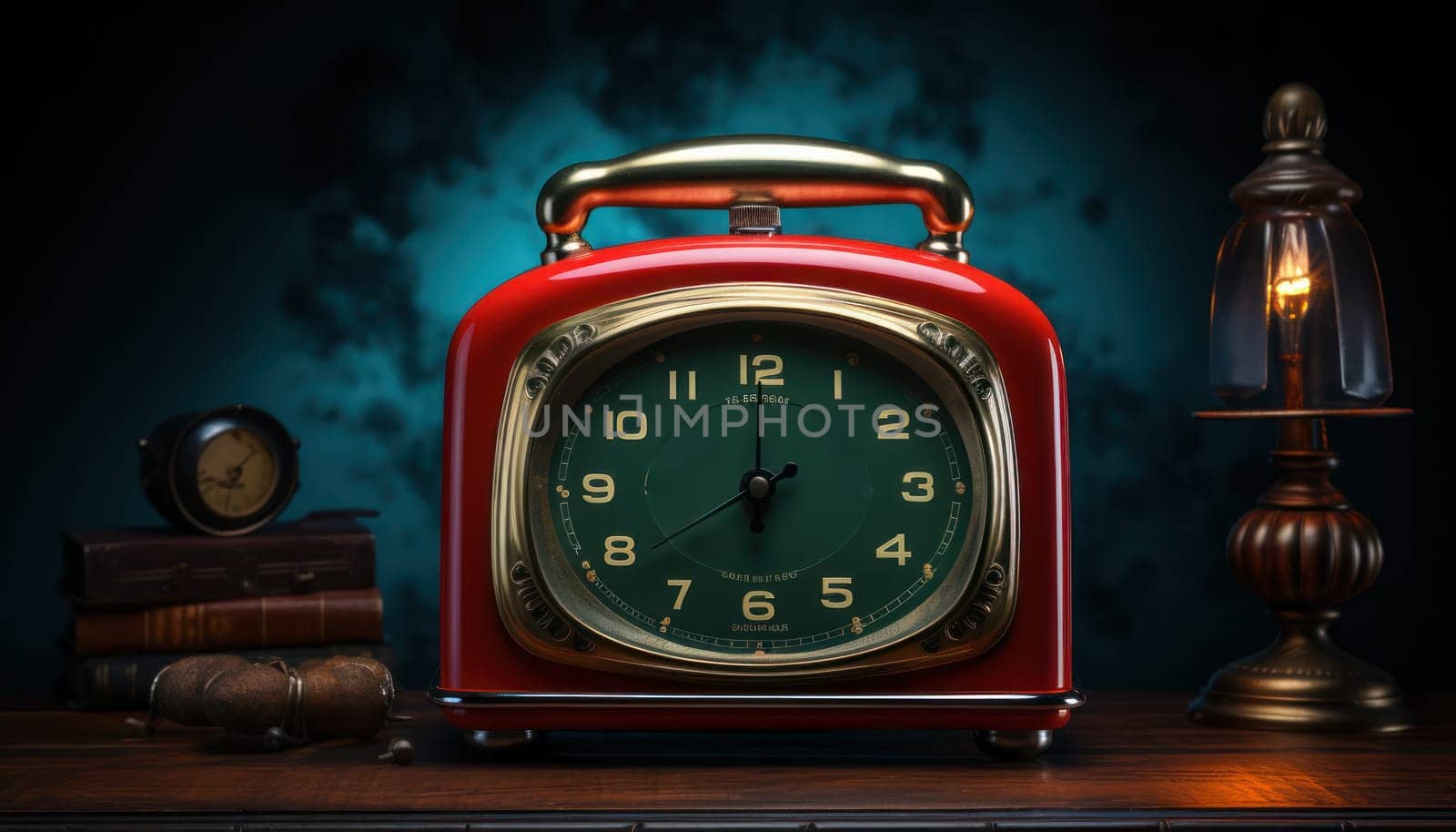 retro alarm clock in a warm lamp interior.