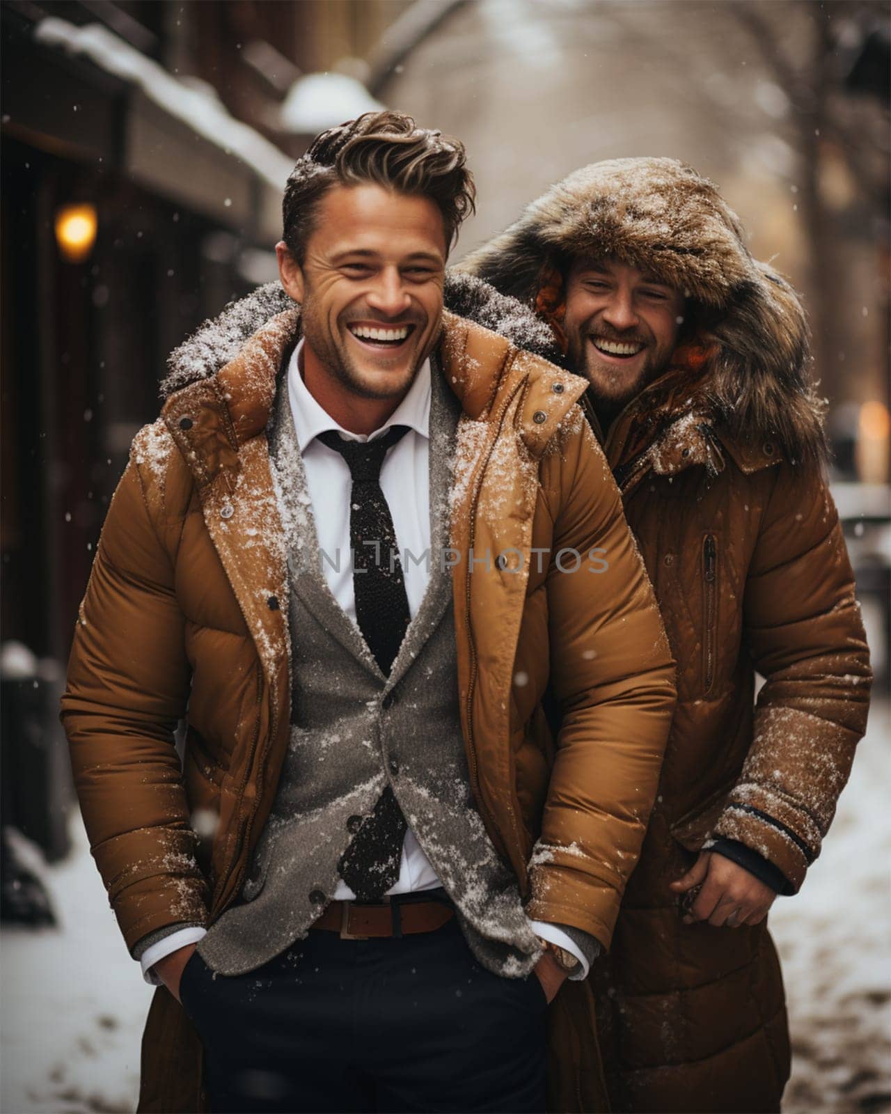 Happy couple, friends on a snowy day before Christmas. Christmas Eve.