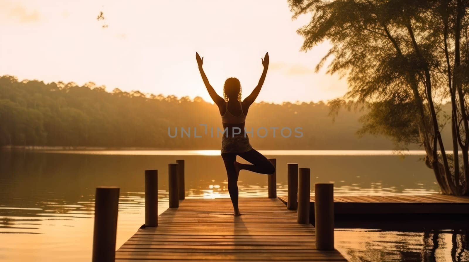 a young girl practices yoga on the shore of a pond in the morning.