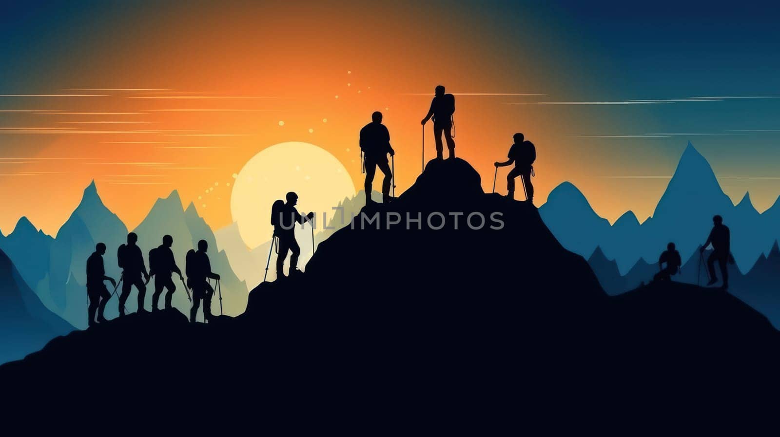 silhouettes of people tourists climbing rocks and mountains. concept of teamwork and support