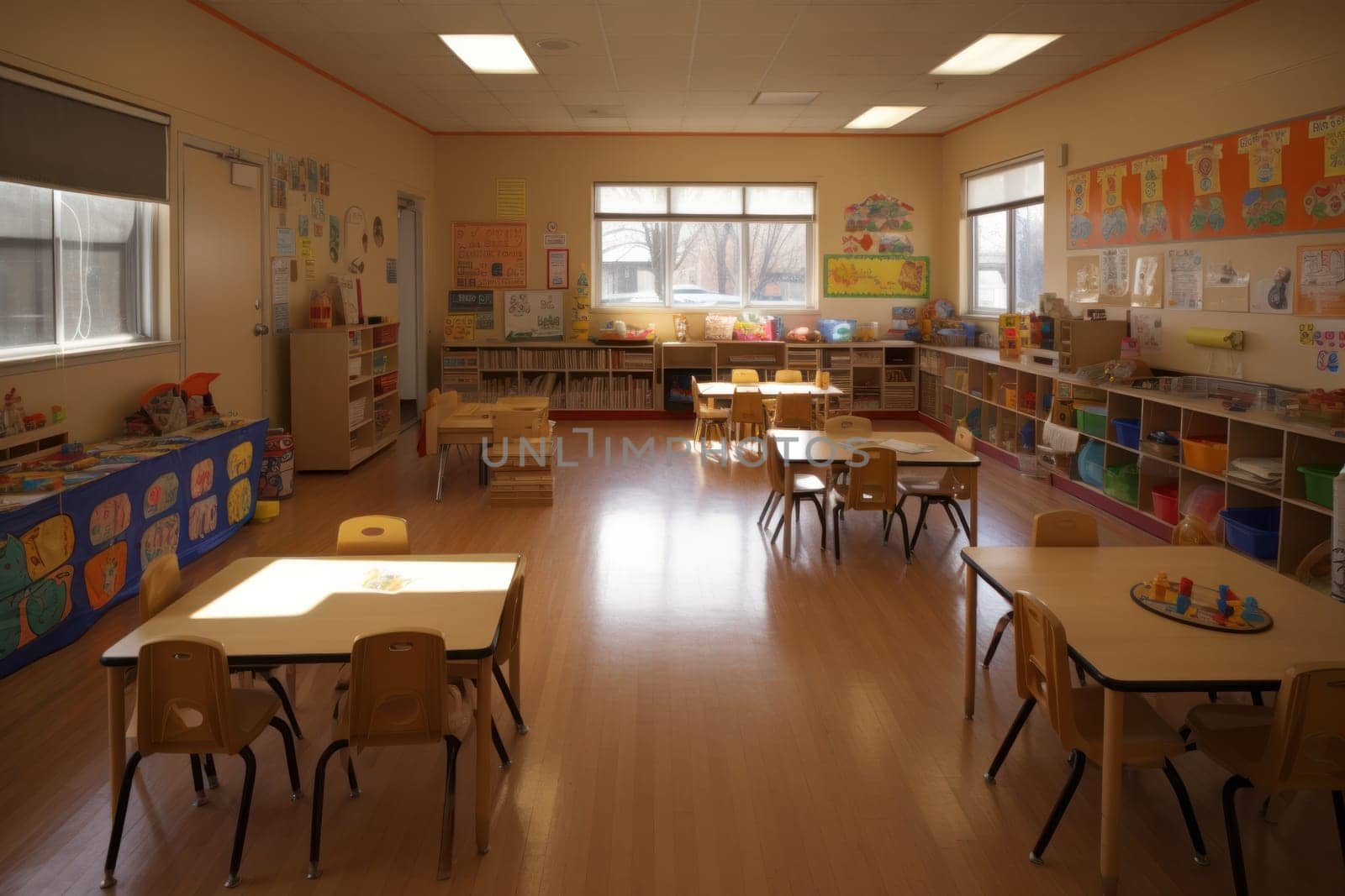 inside a classroom with chairs, benches and toys on tables, preschool classroom