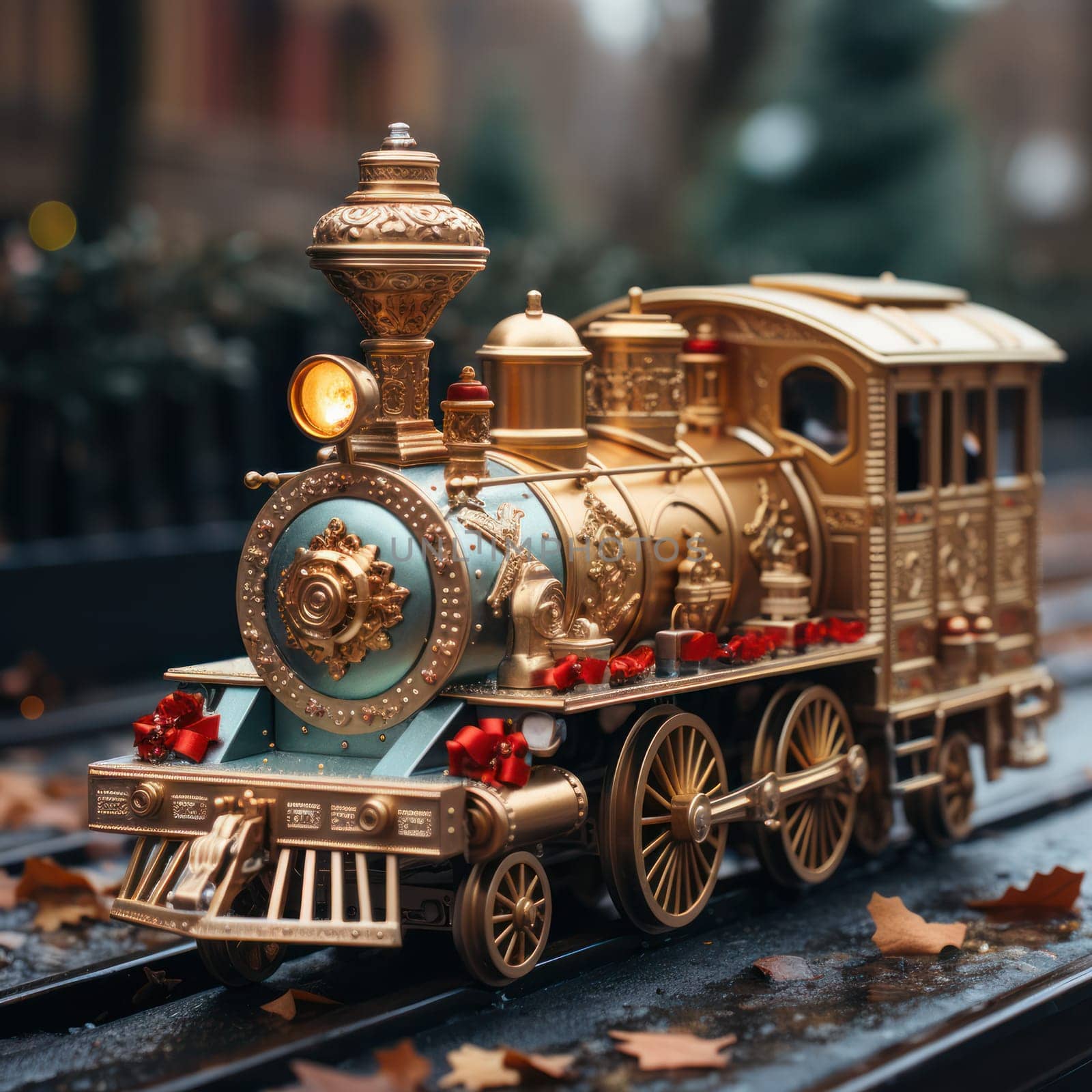 toy New Year's wooden train as a decoration for the Christmas tree. stylization of a retro locomotive for the railway, toy road. design and concept of gifts for the New Year holiday