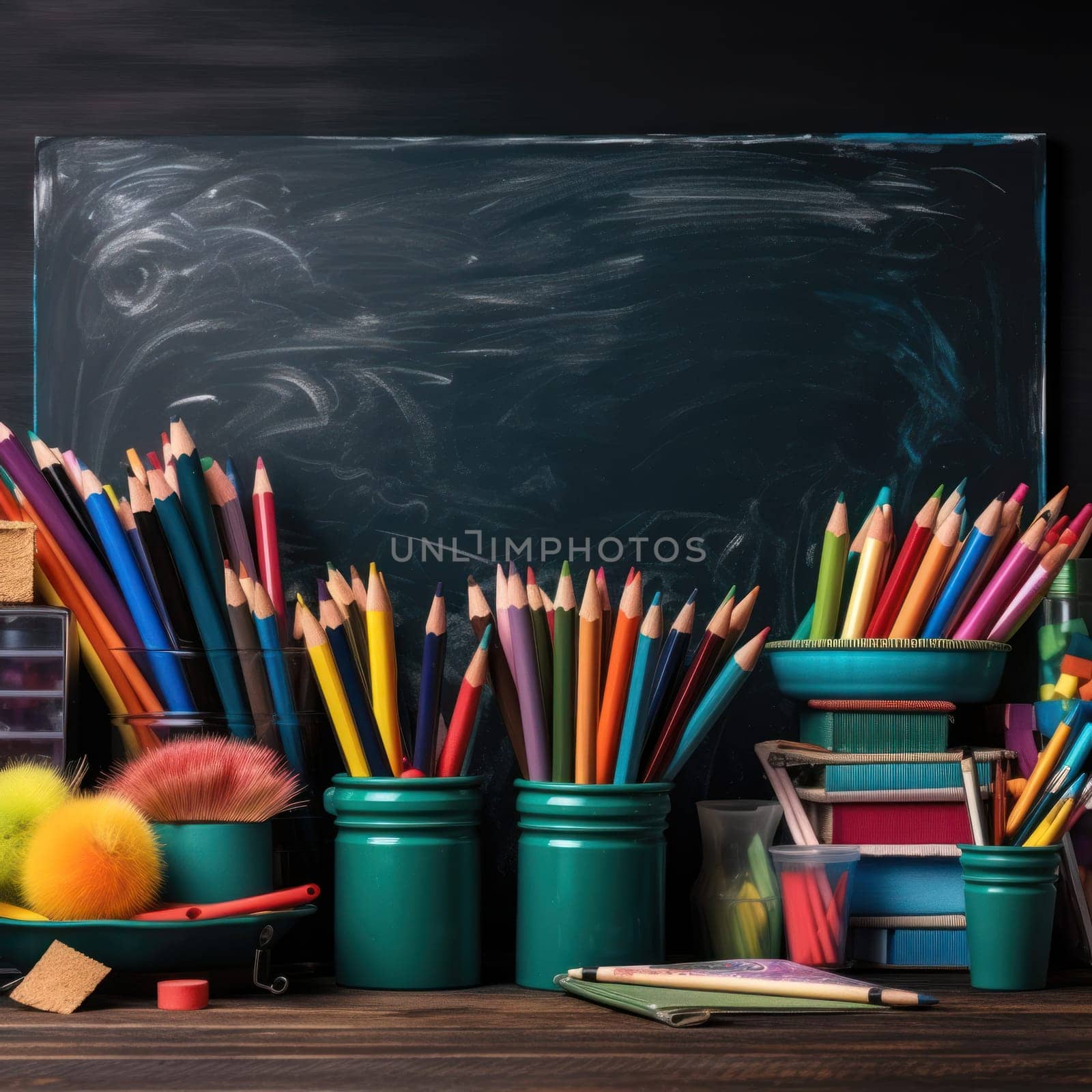 multi-colored pencils in stands, standing on a school desk against the background of a blackboard. space for text