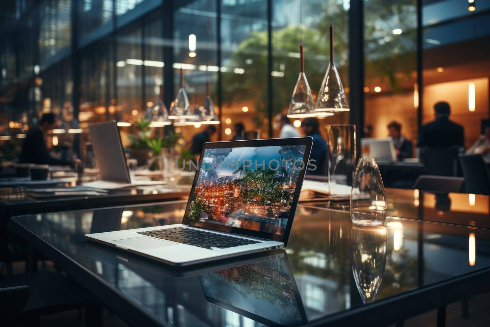 Laptop on a glass table in a modern beautiful cafe.Enjoy working in an atmospheric cafe full of green plants.