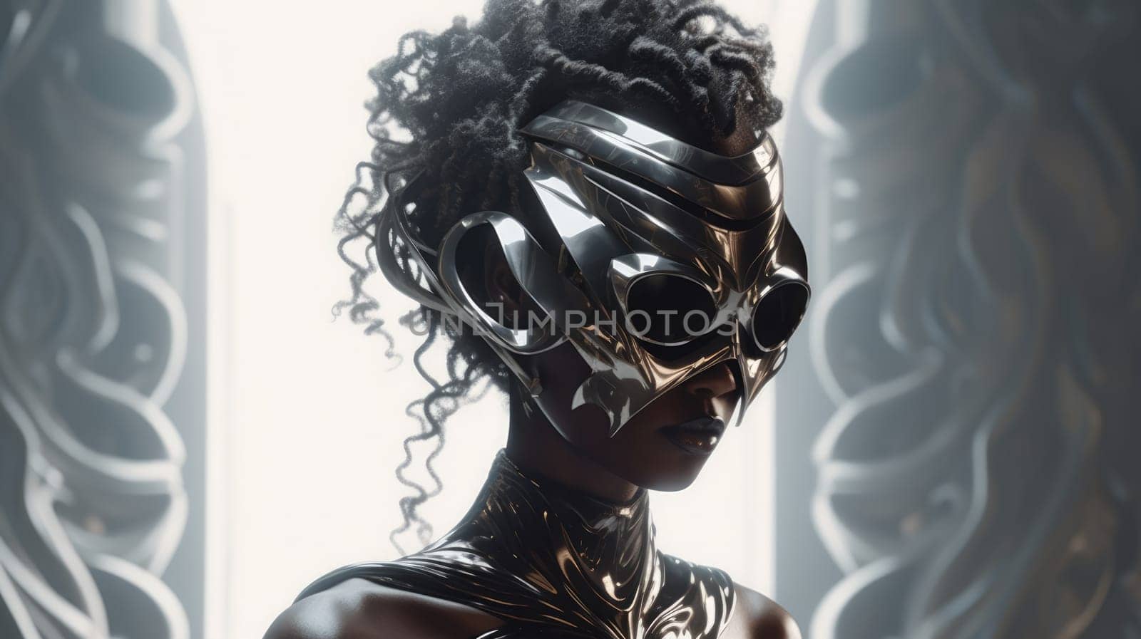 hairstyle and accessories in the style of Afrofuturism and steampunk. fashion and high art. poster and magazine for stylists and designers