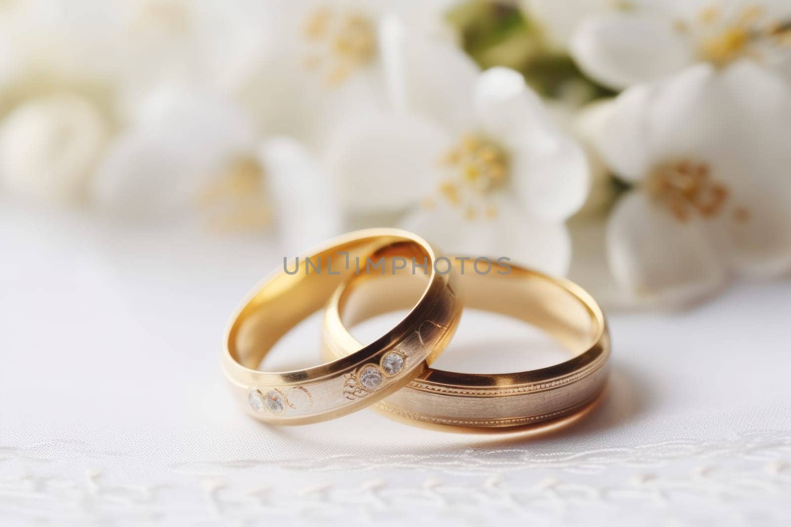 Wedding rings, close-up on a light background with flowers.postcard or invitation to a celebration.