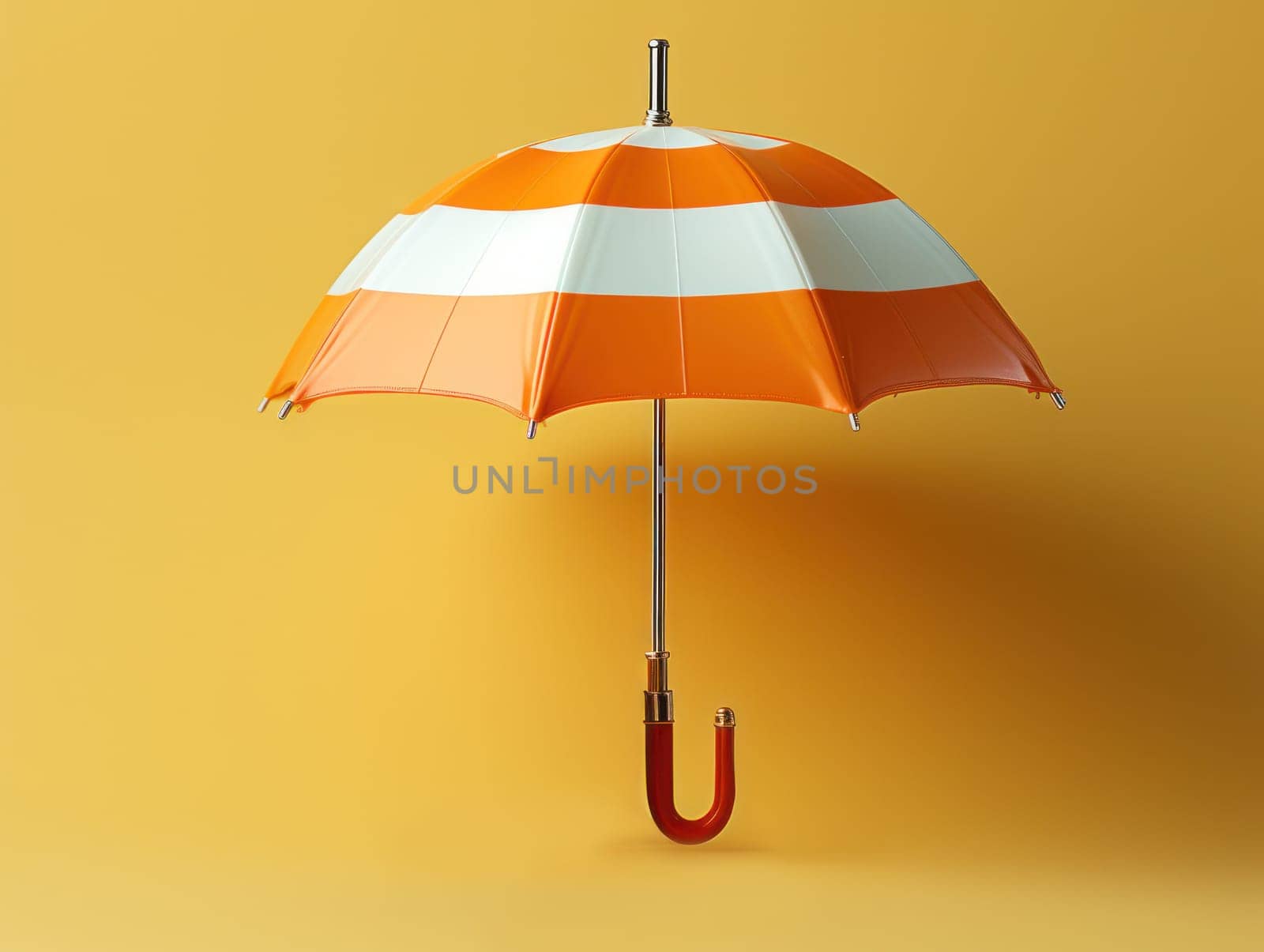 orange white striped umbrella on yellow background copy space. autumn abstract background