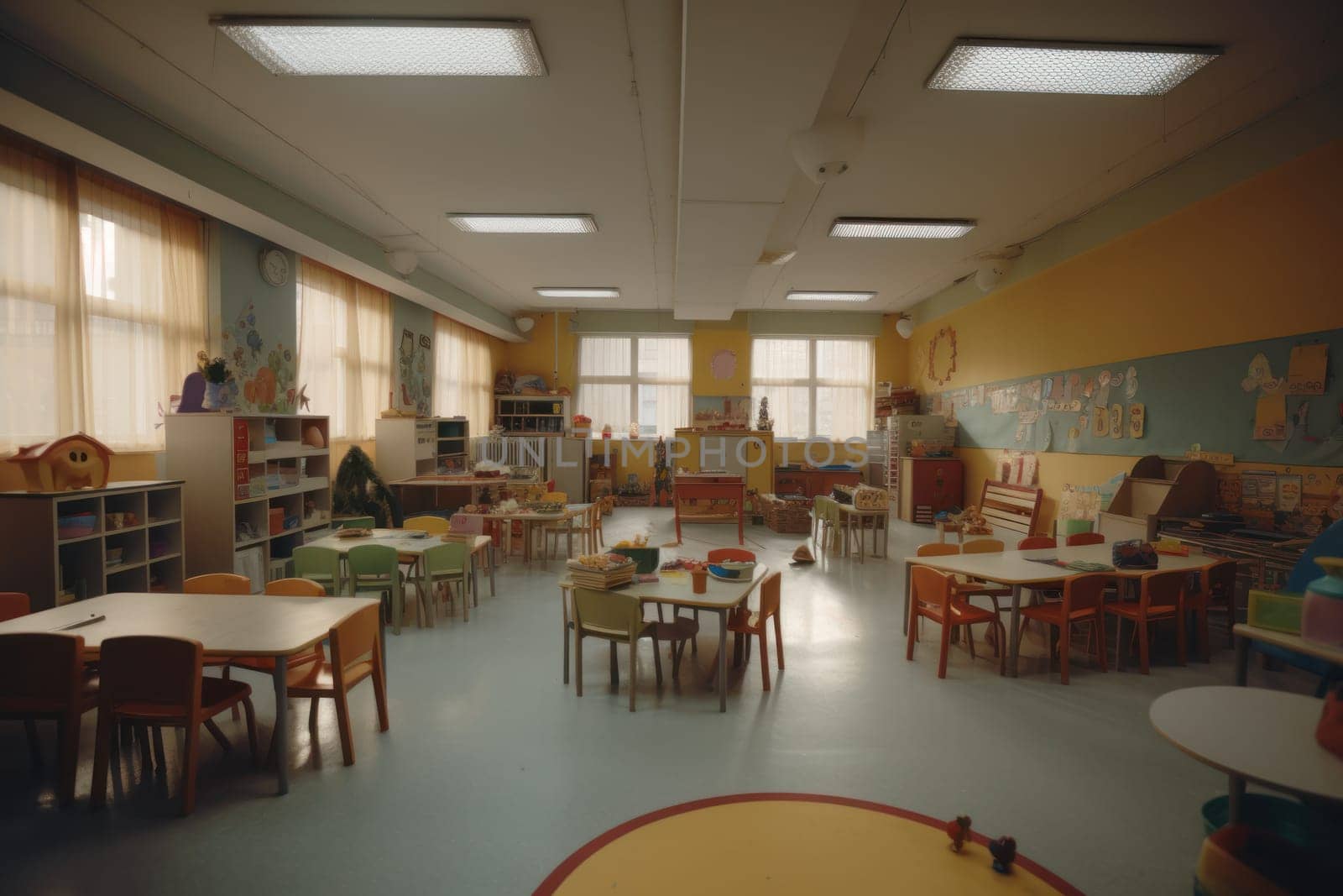 inside a classroom with chairs, benches and toys on tables, preschool classroom