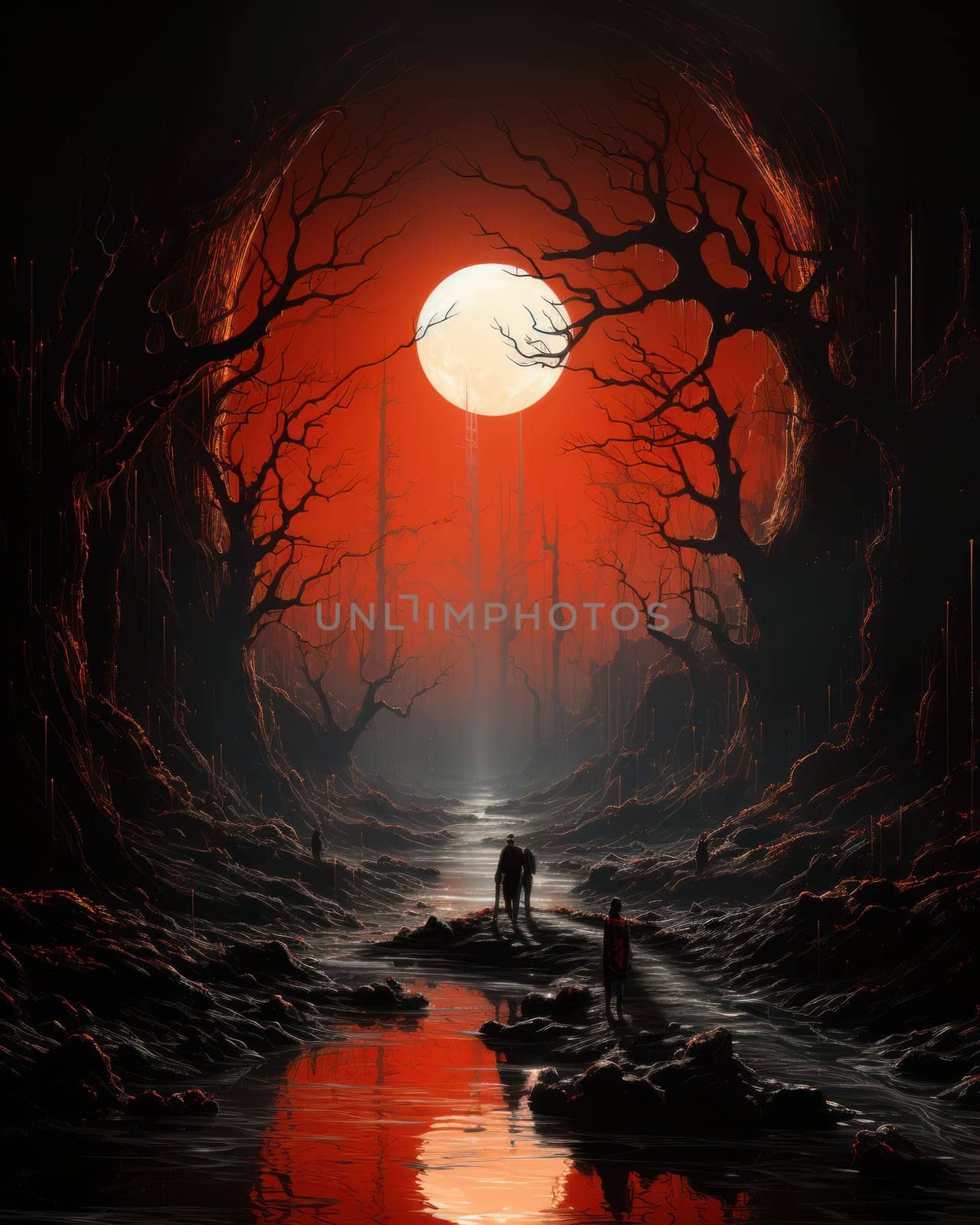 mystical landscape. people wander along the river in the mystical forest against the backdrop of a huge moon and red sky.