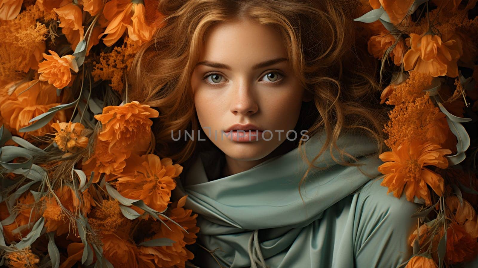 Portrait of a beautiful blonde among orange flowers in a blooming garden.