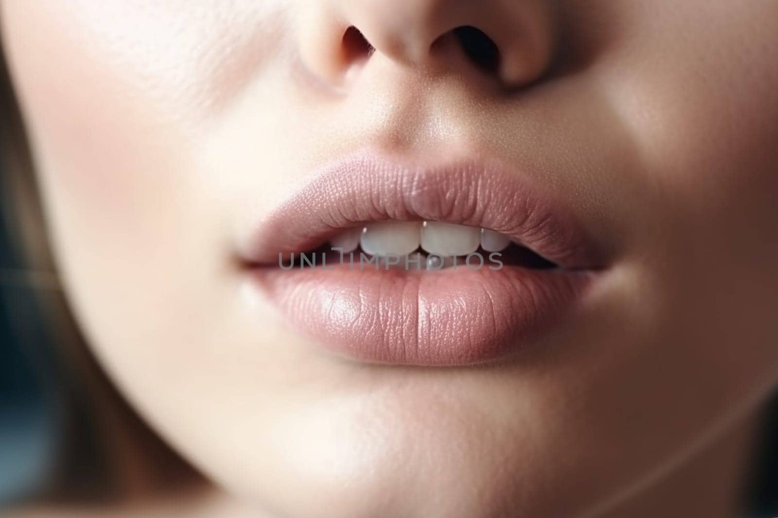 Macro closeup portrait of a woman's lips without makeup.