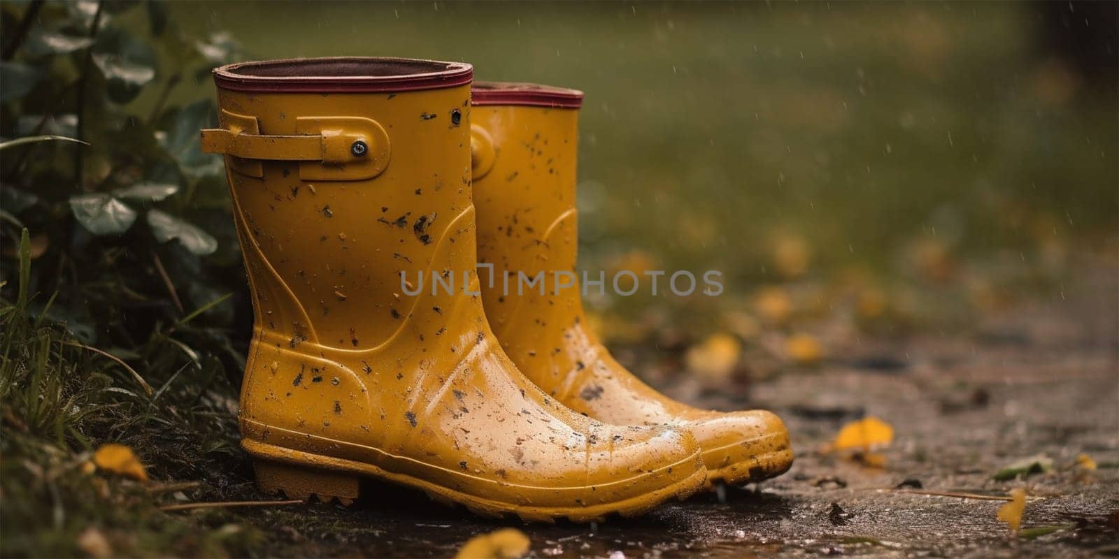 yellow rubber boots, stained with mud, stand on a dirt path on an autumn day