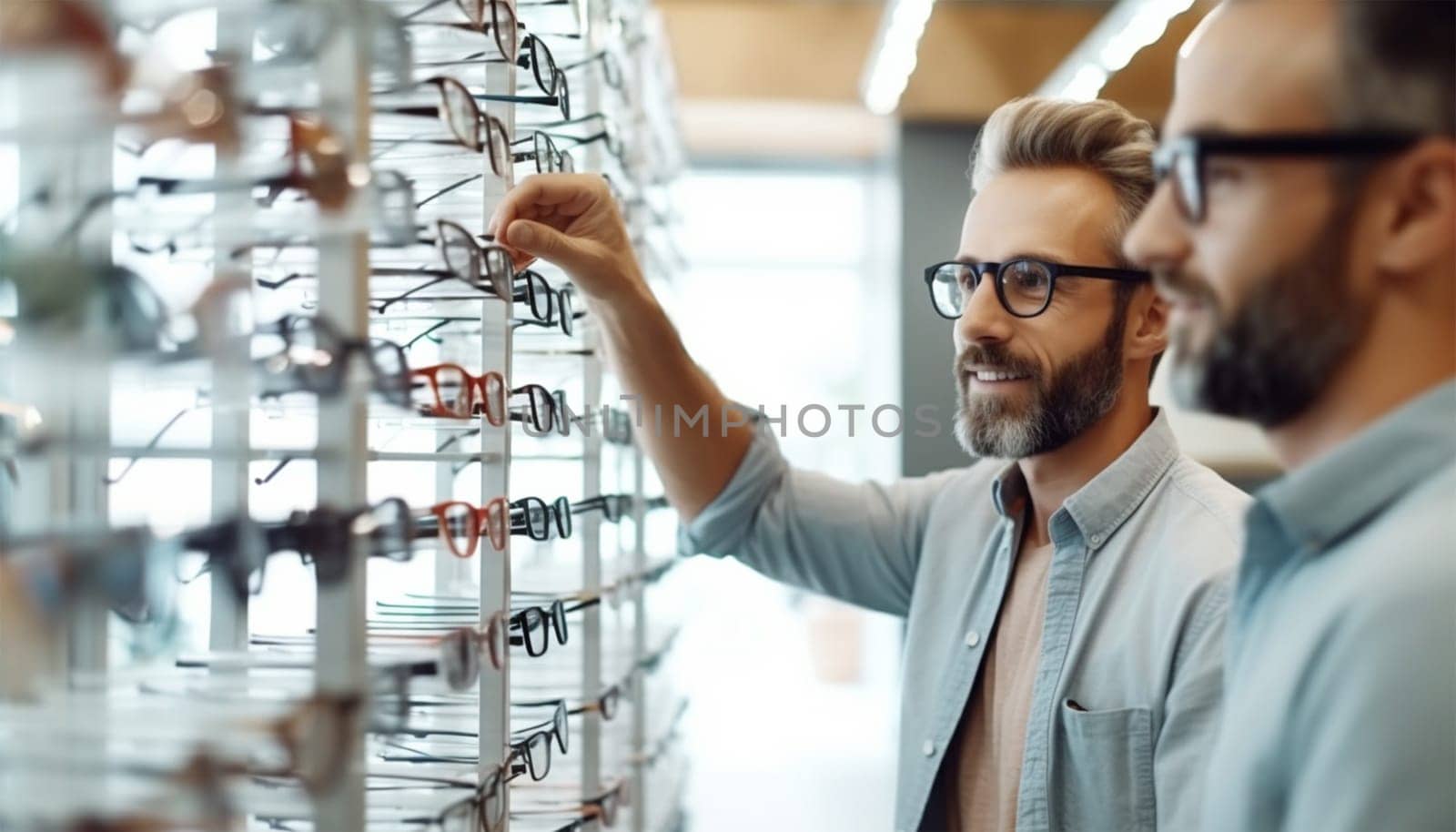 Bearded men stand at a store window wearing glasses and choose a frame for glasses in an optician.