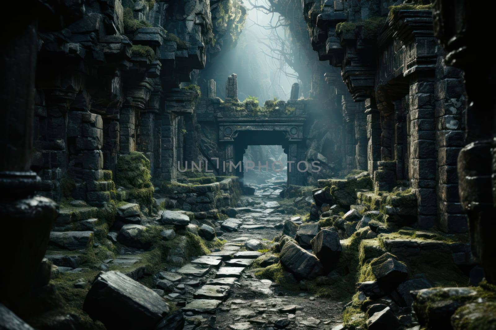 destroyed abandoned building covered with moss and overgrown with plants. Gloomy foggy lighting. post-apocalyptic horror story.