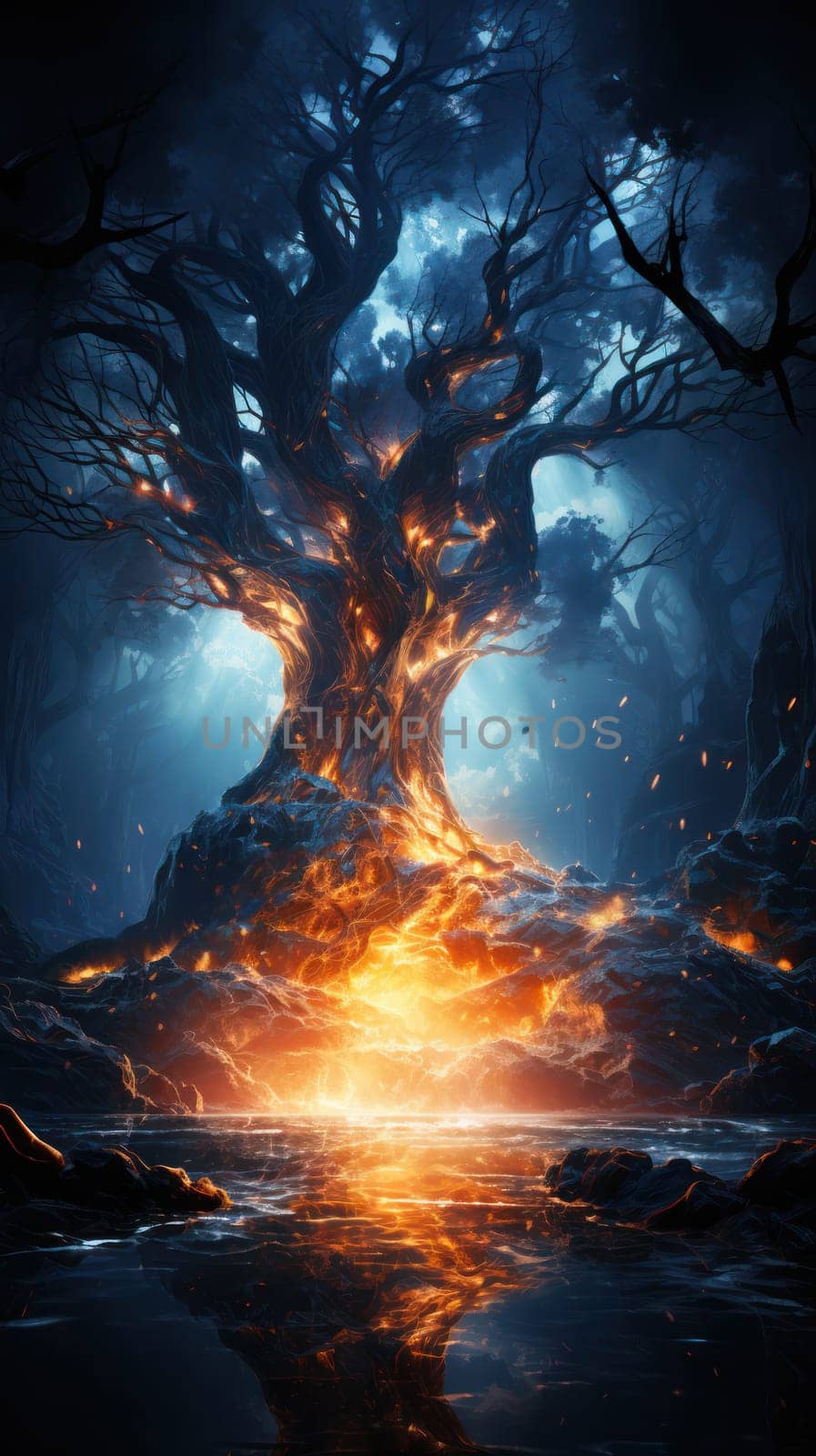 burning and fireproof tree with fire and lava in roots and trunk .