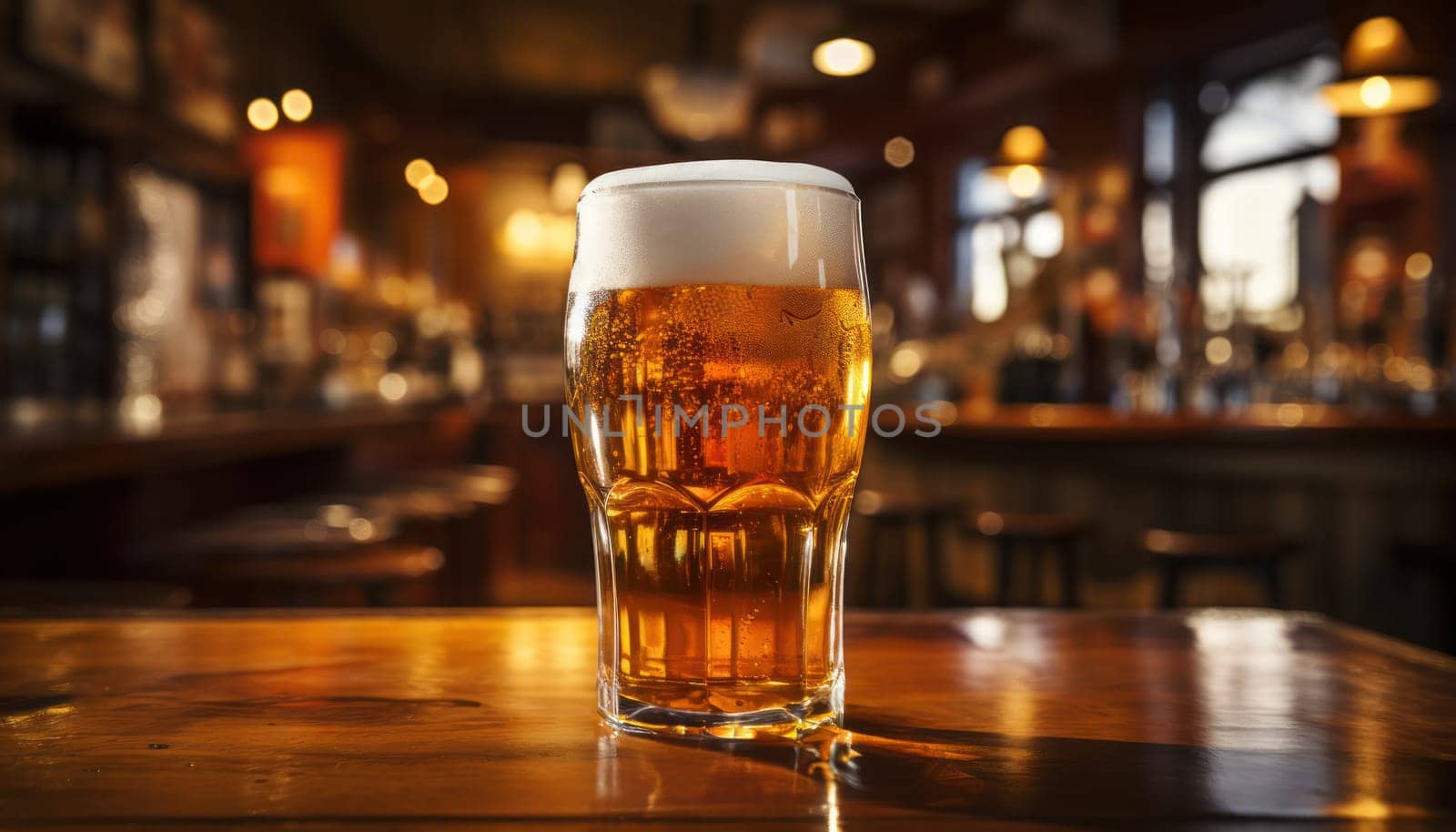 Glass of light beer on a dark pub.