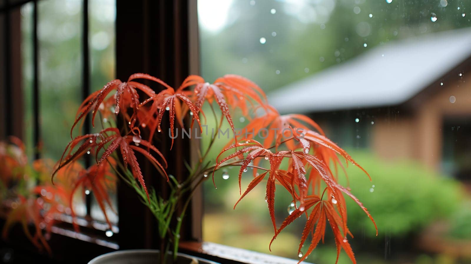 small Japanese maple tree with red leaves in a pot on the windowsill.autumn rainy day