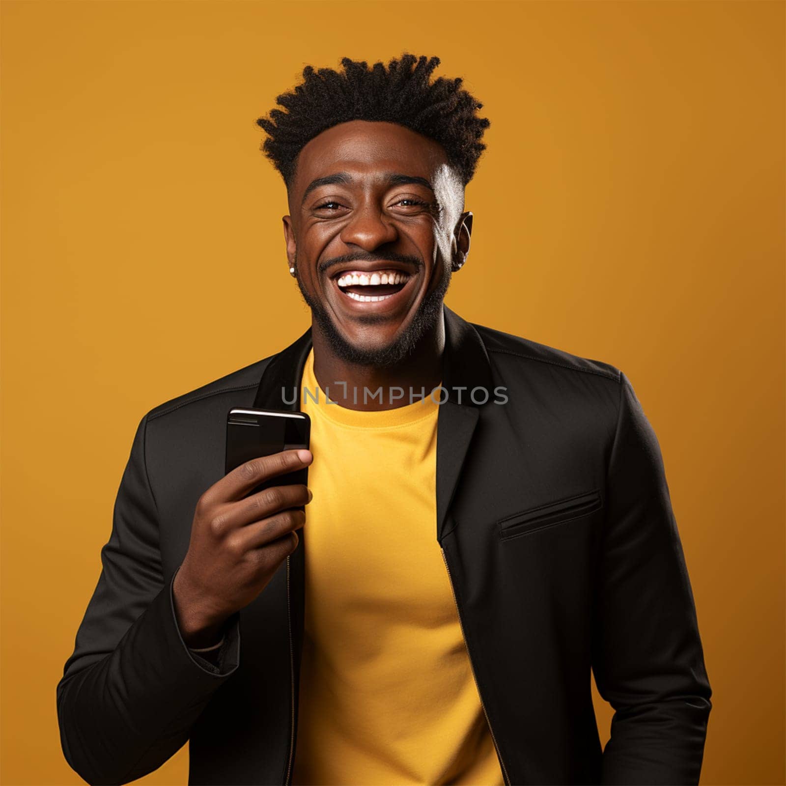 Young joyful African American man holding a black phone in his hand on a yellow background.