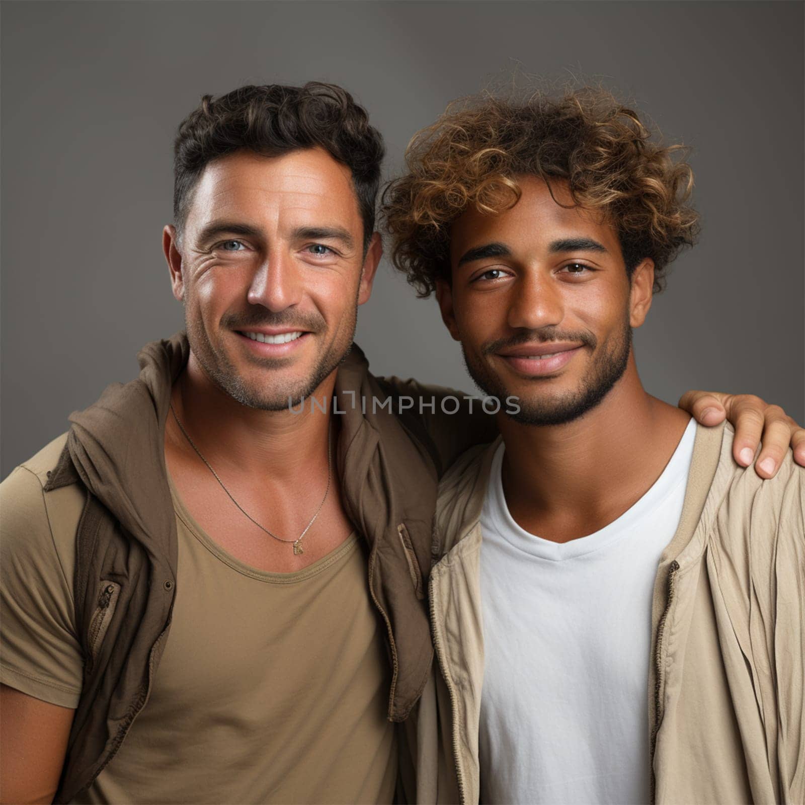 portrait of two friends on a gray background.