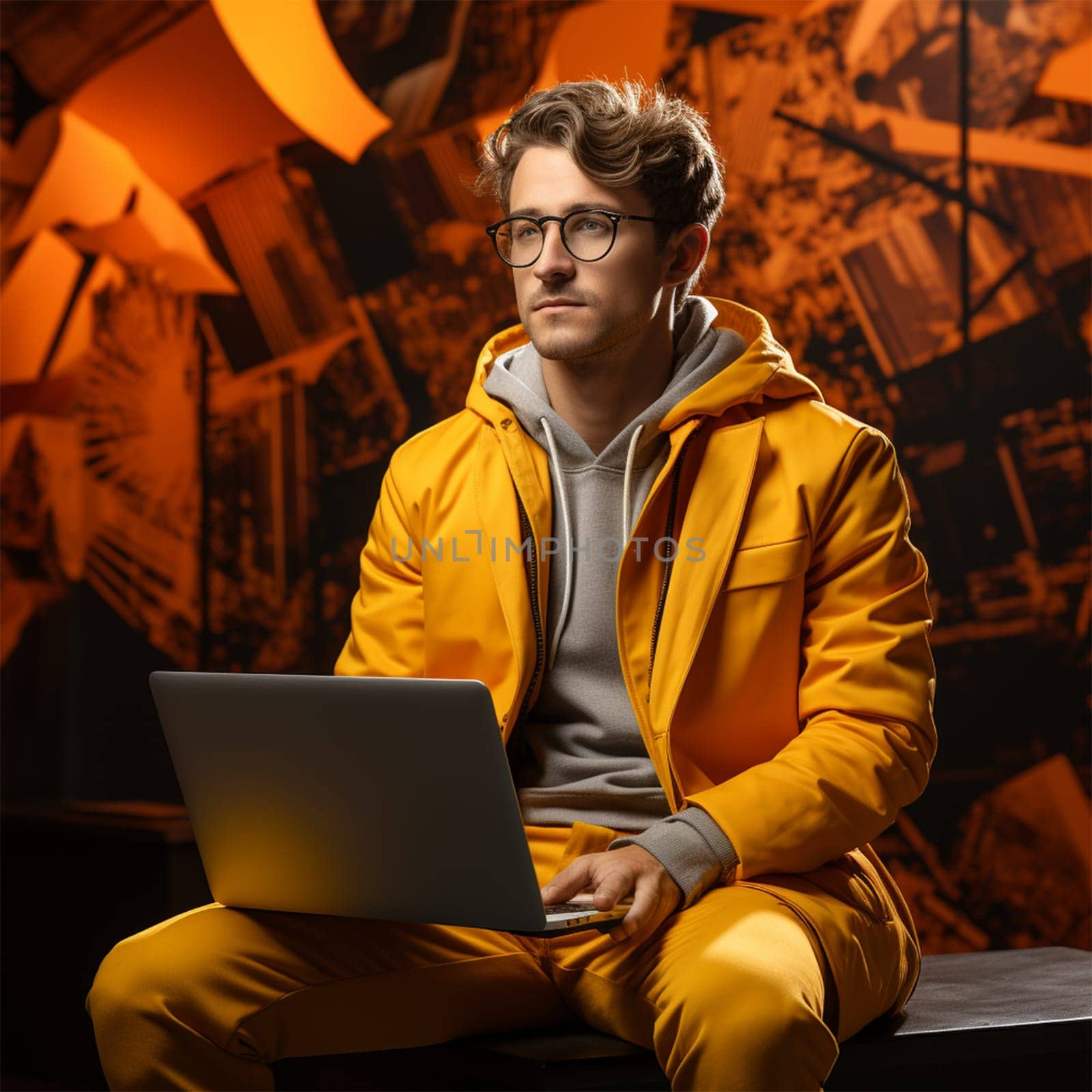 a young man in glasses and a yellow jacket with a laptop against the backdrop of a bright cafe interior.