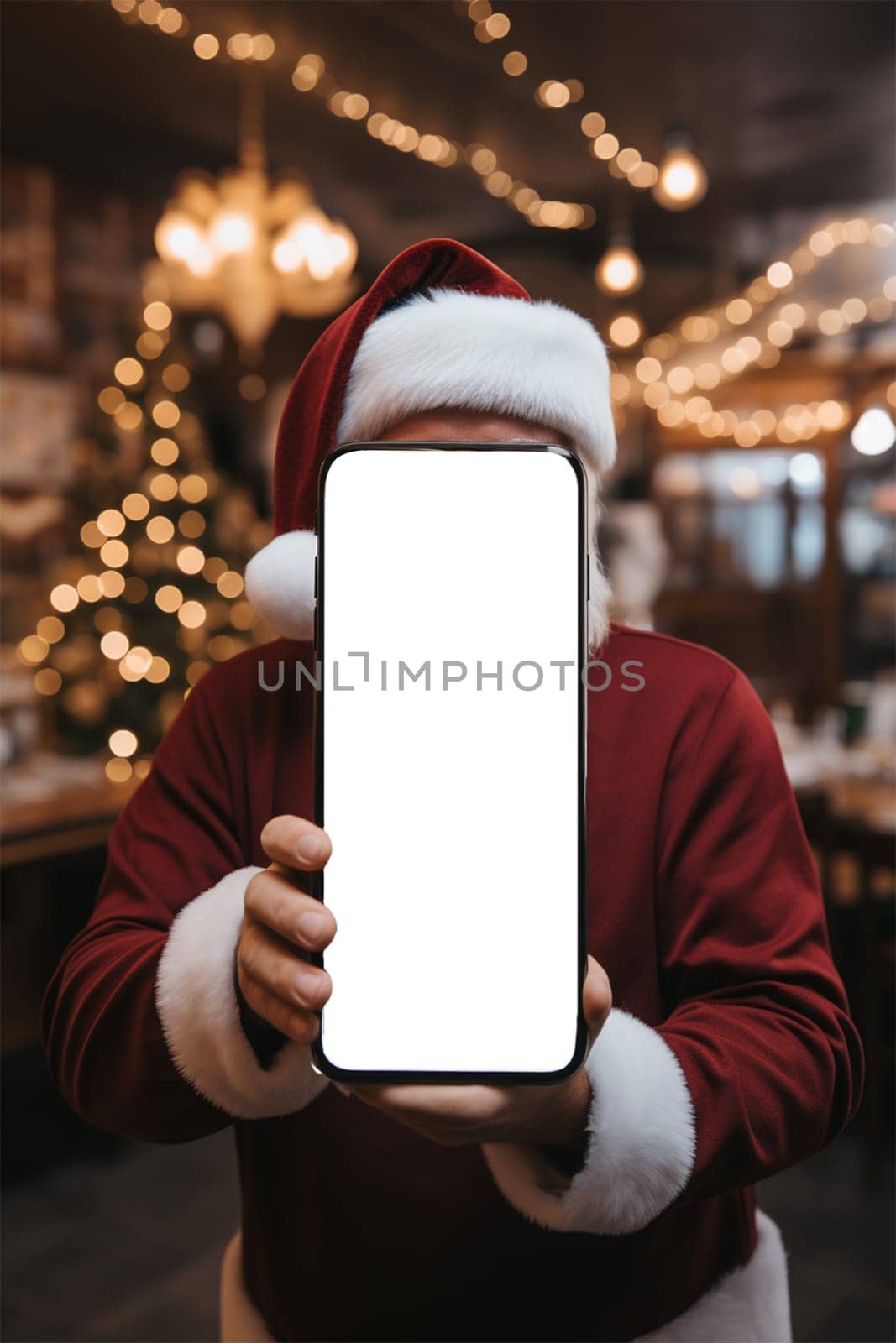 Santa Claus holds a smartphone in his hand in front of him in a shopping center on a blurred background. blank white smartphone screen with copy space.