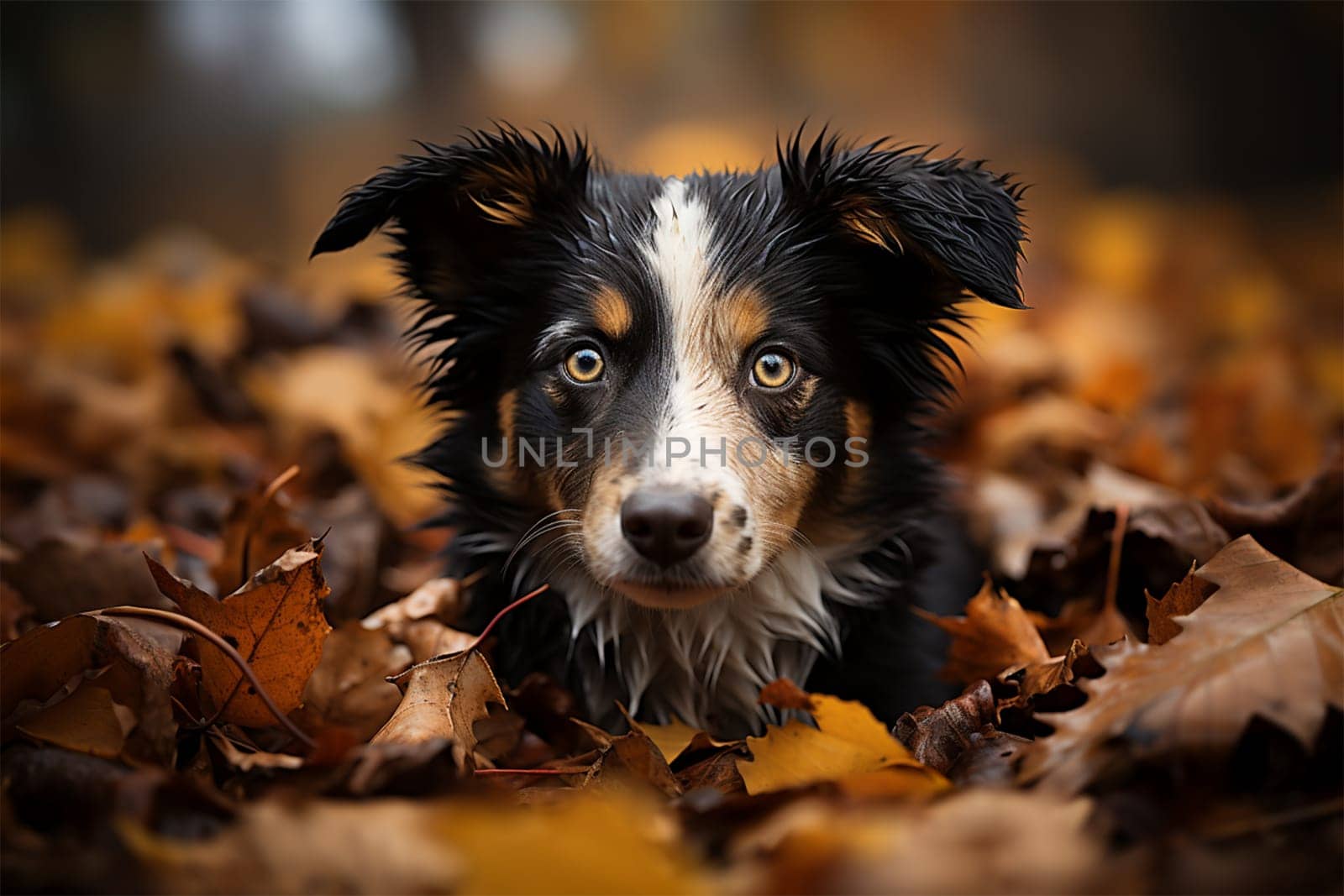 Australian Shepherd in autumn lies in wet yellow autumn leaves after rain.
