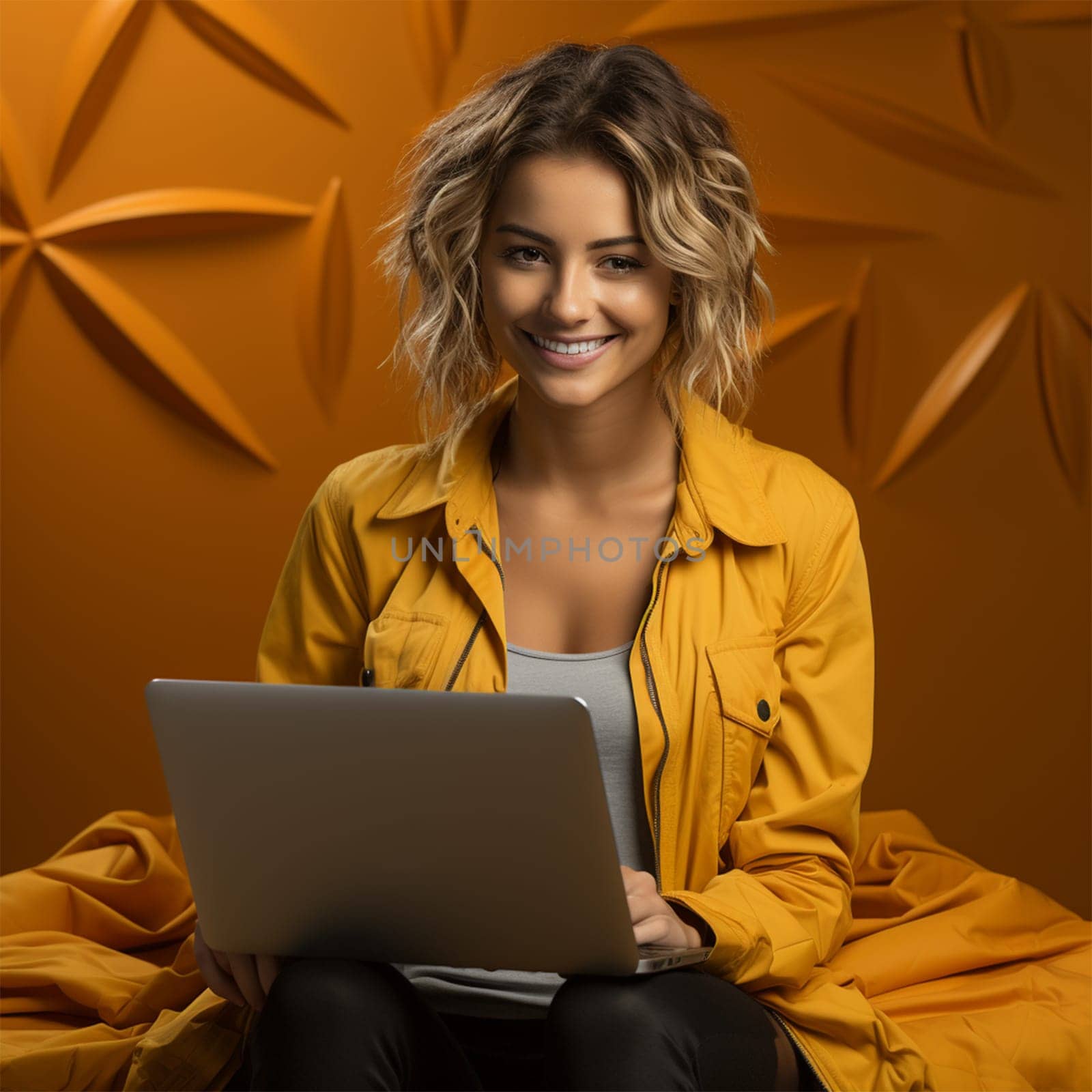 young woman in a yellow jacket with a laptop in a cafe or coworking space