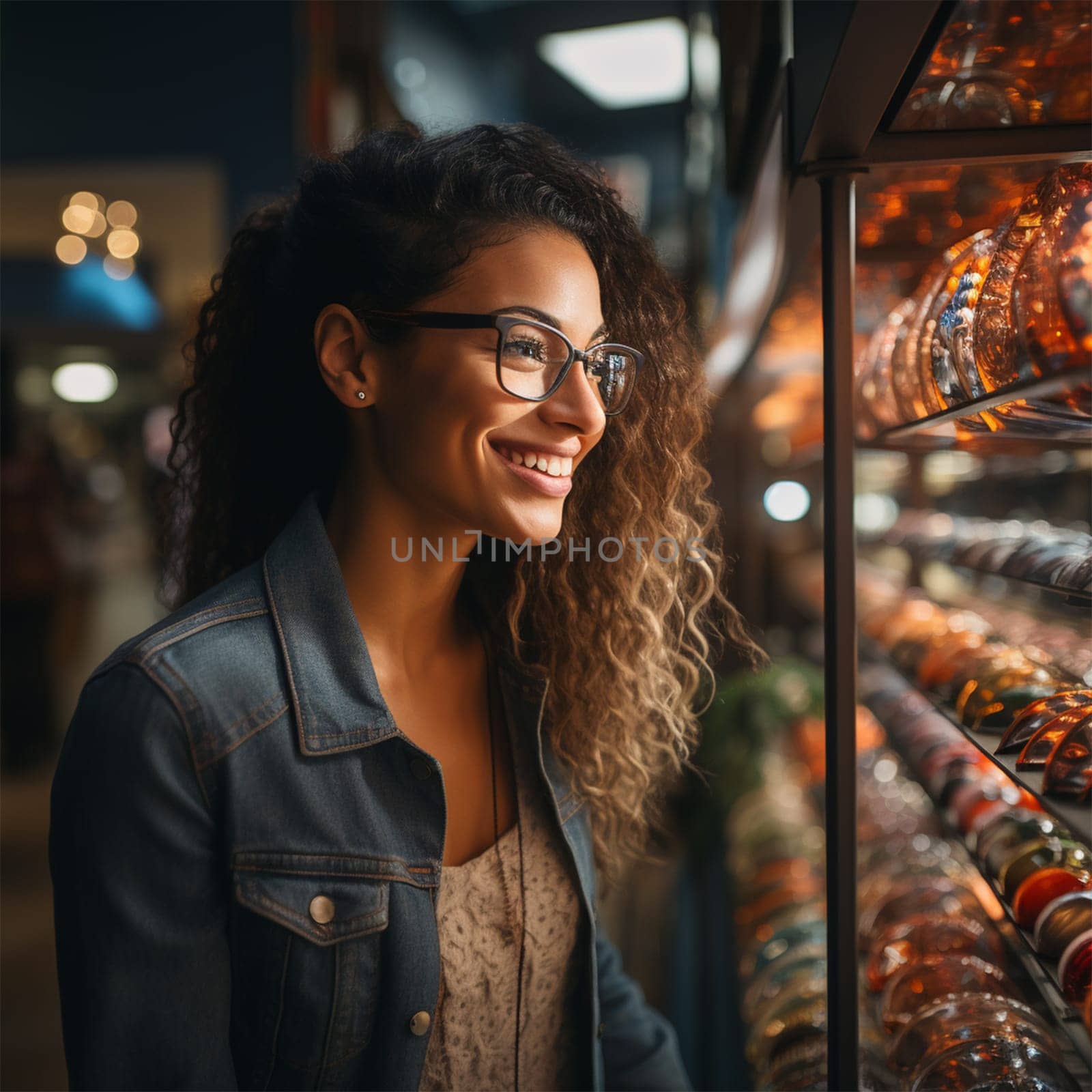 portrait of a young beautiful woman with glasses and lush wavy hair in front of a bright shop window on a blurred background. concept of shopping, discounts and Christmas.