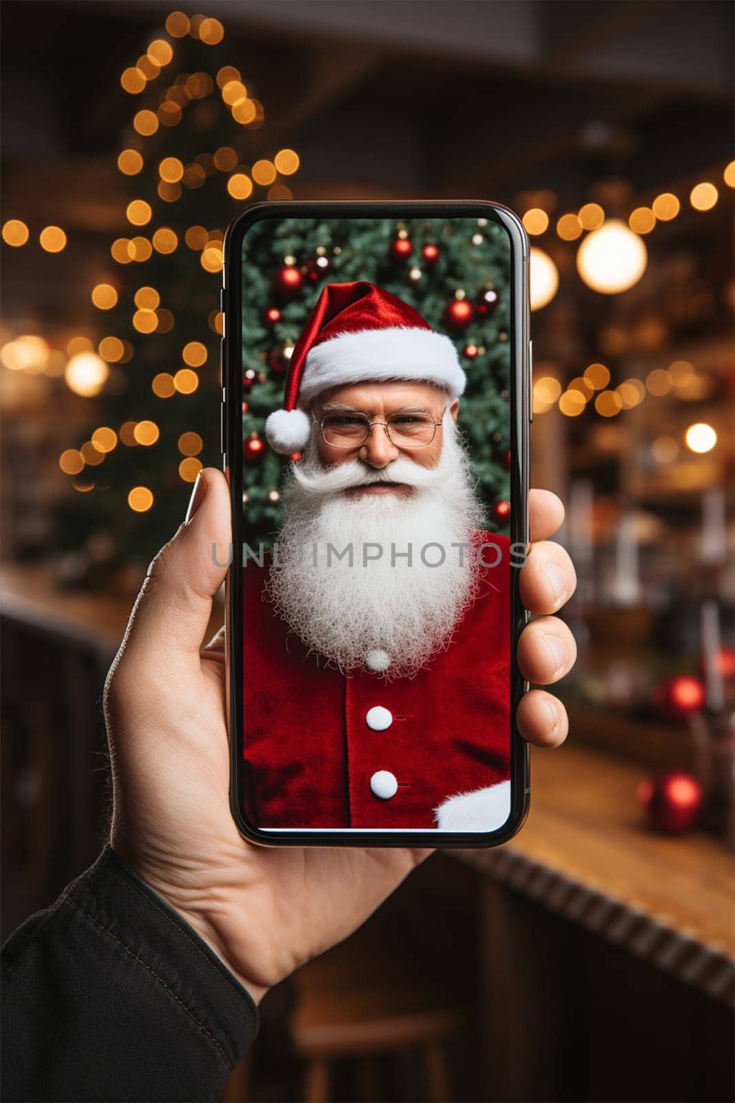 Hand holding smartphone with video chat with Santa Claus on blurred Christmas background