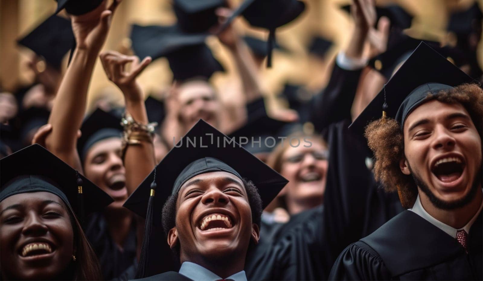 A group of joyful multiracial graduates toss their graduation hats into the air to celebrate the completion of their studies. education concept.