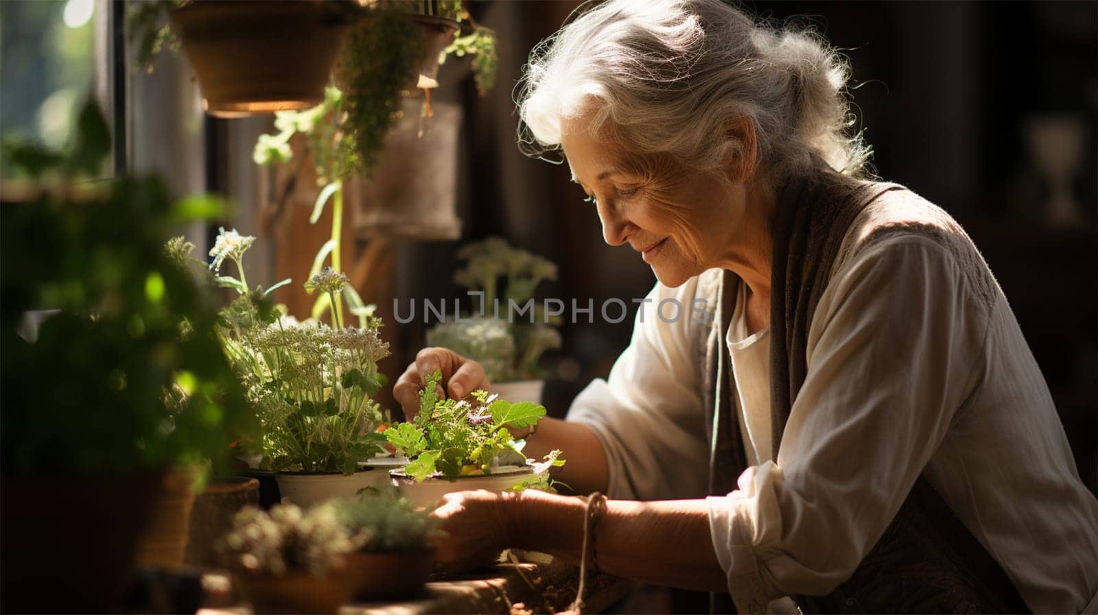 Beautiful smiling grey-haired elderly woman 60-70 years old working on seedlings