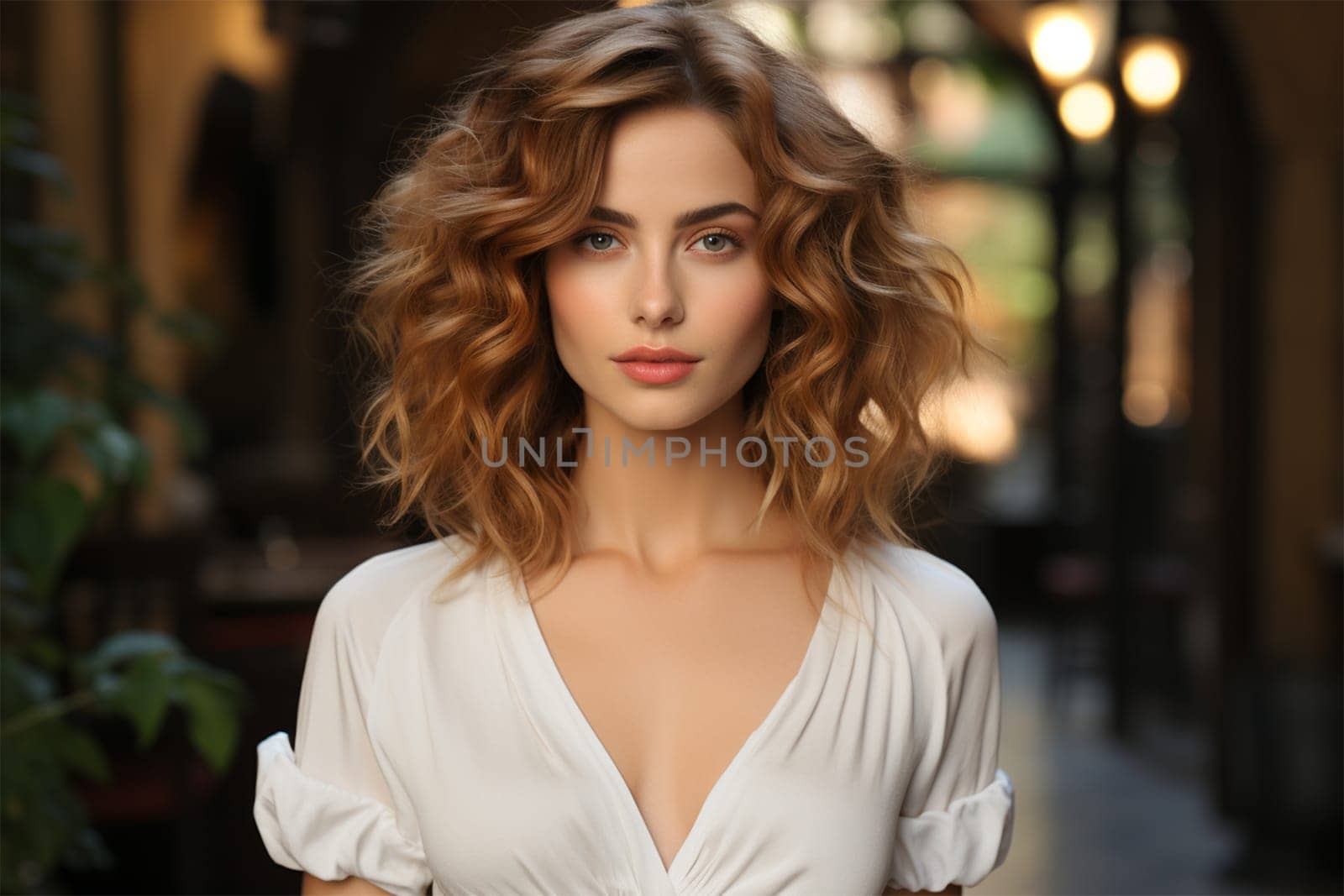 portrait of a young beautiful blonde in white clothes with wavy hair on a blurred background of a cozy interior