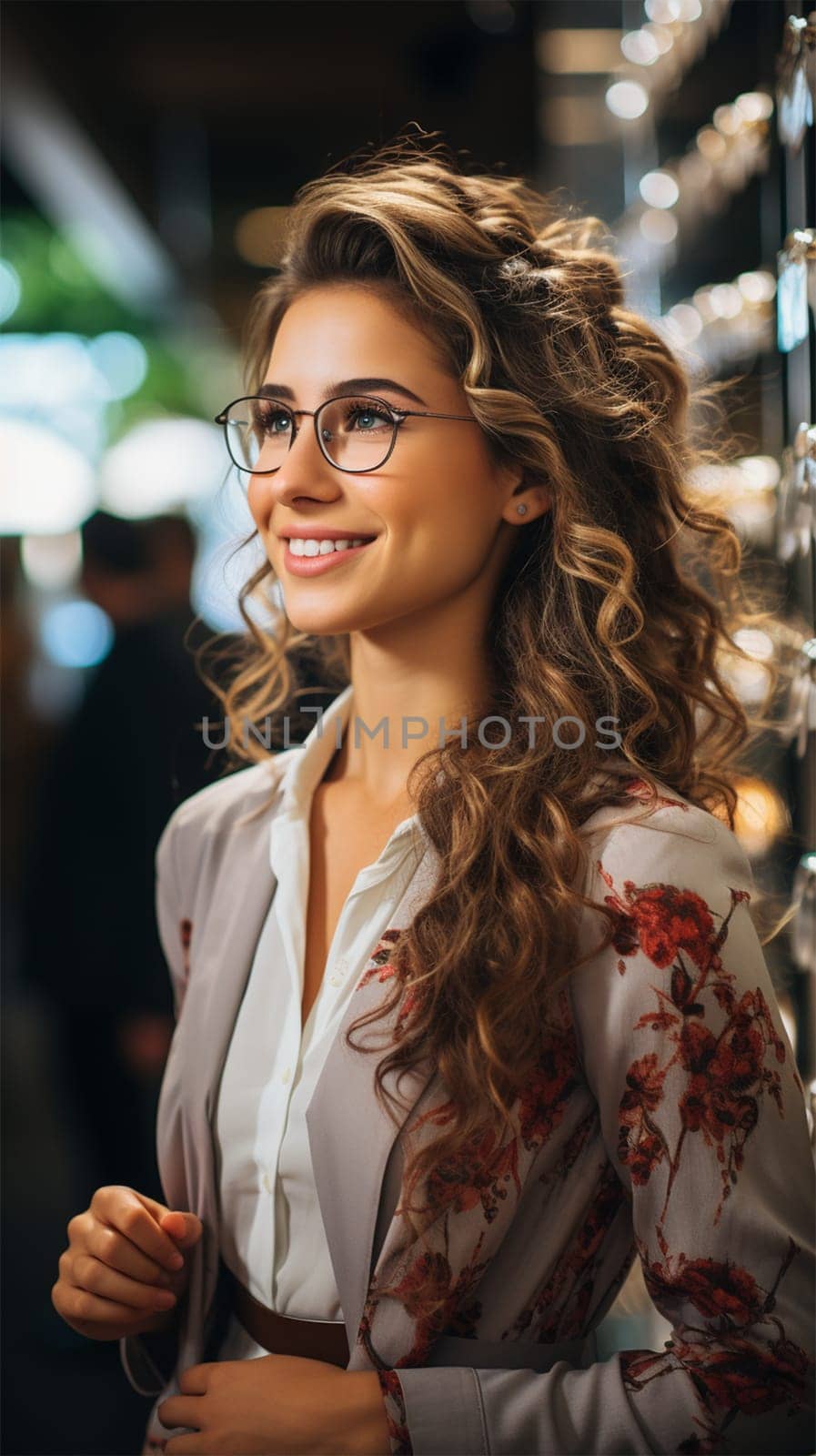 portrait of a young beautiful woman with glasses and lush wavy hair in front of a bright shop window on a blurred background. concept of shopping, discounts and Christmas.
