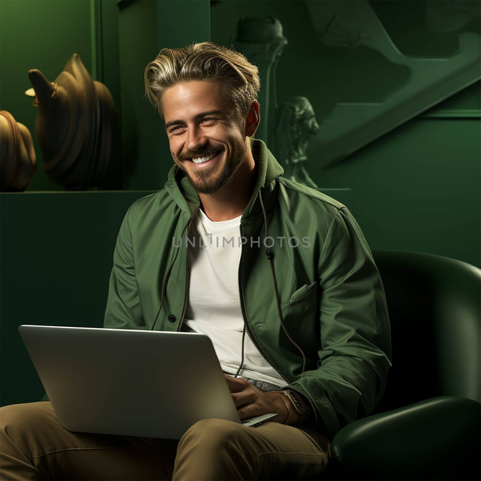 a young man in a green jacket with a laptop against the backdrop of a bright cafe interior or coworking space.