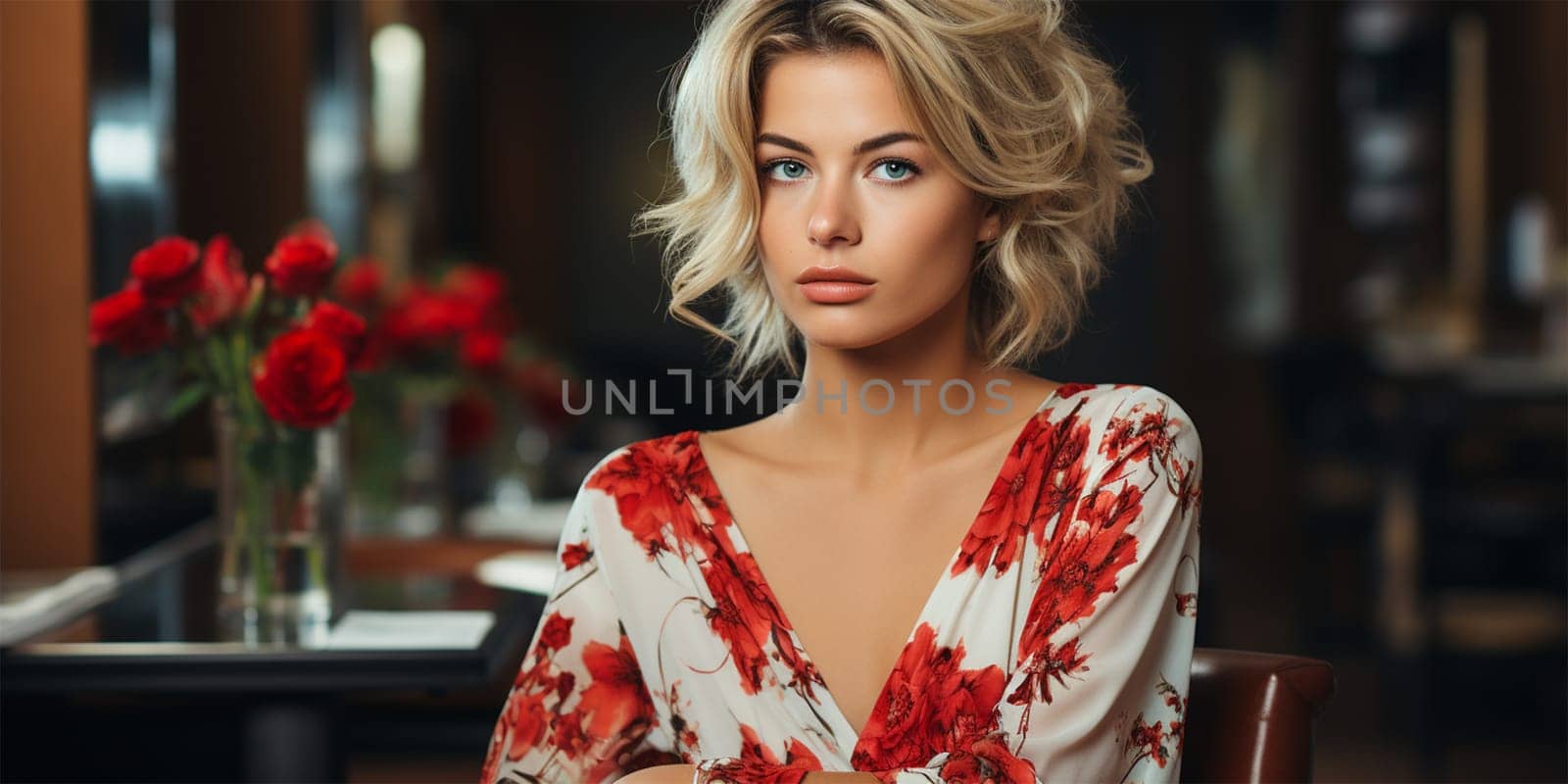 portrait of a young beautiful blonde with wavy hair in a white dress with flowers on a blurred background